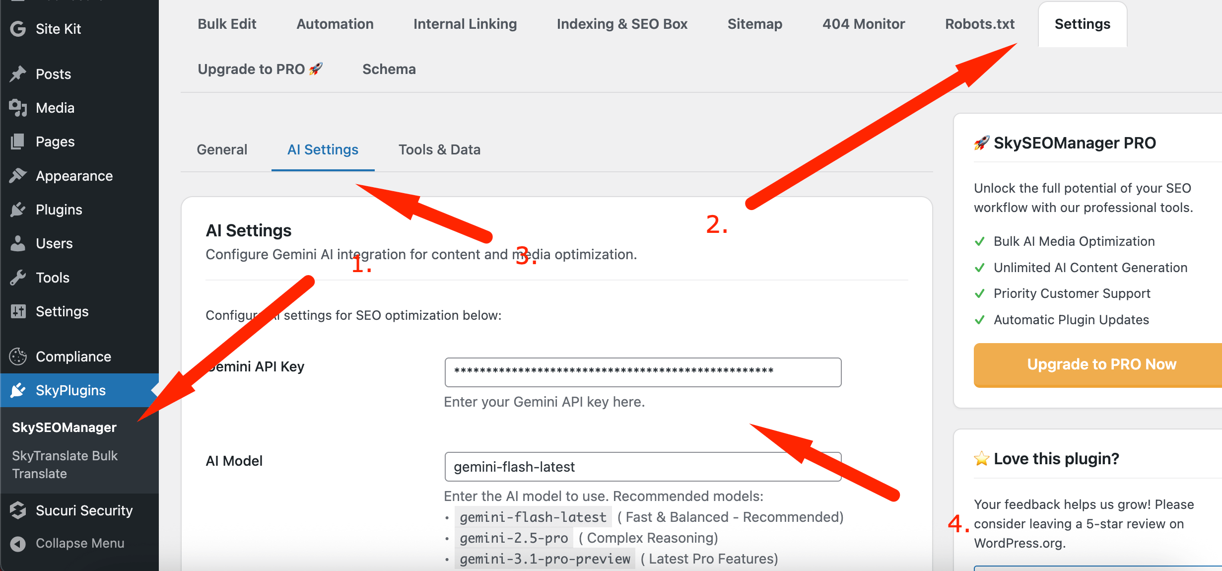 Add Gemini Api keys in Sky SEO Manager settings