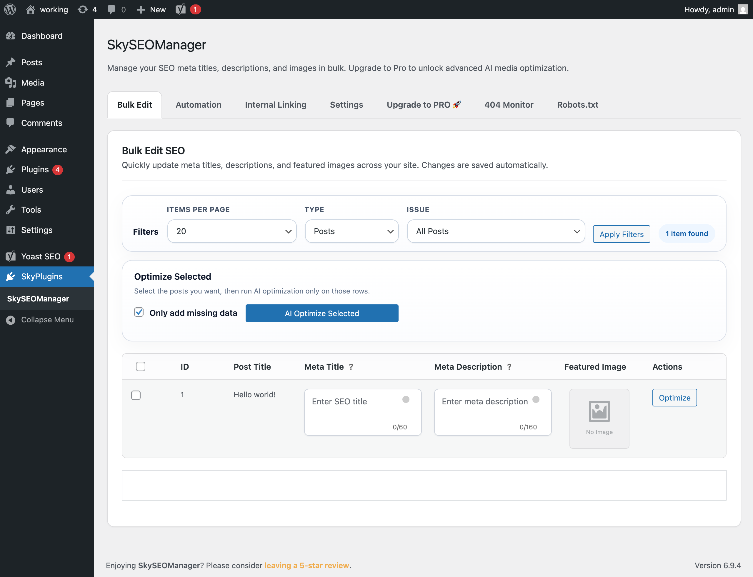 Bulk Editor Dashbaord