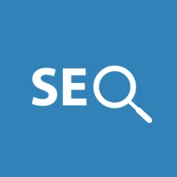 SEO logo with magnifying glass representing search engine optimization for website ranking.