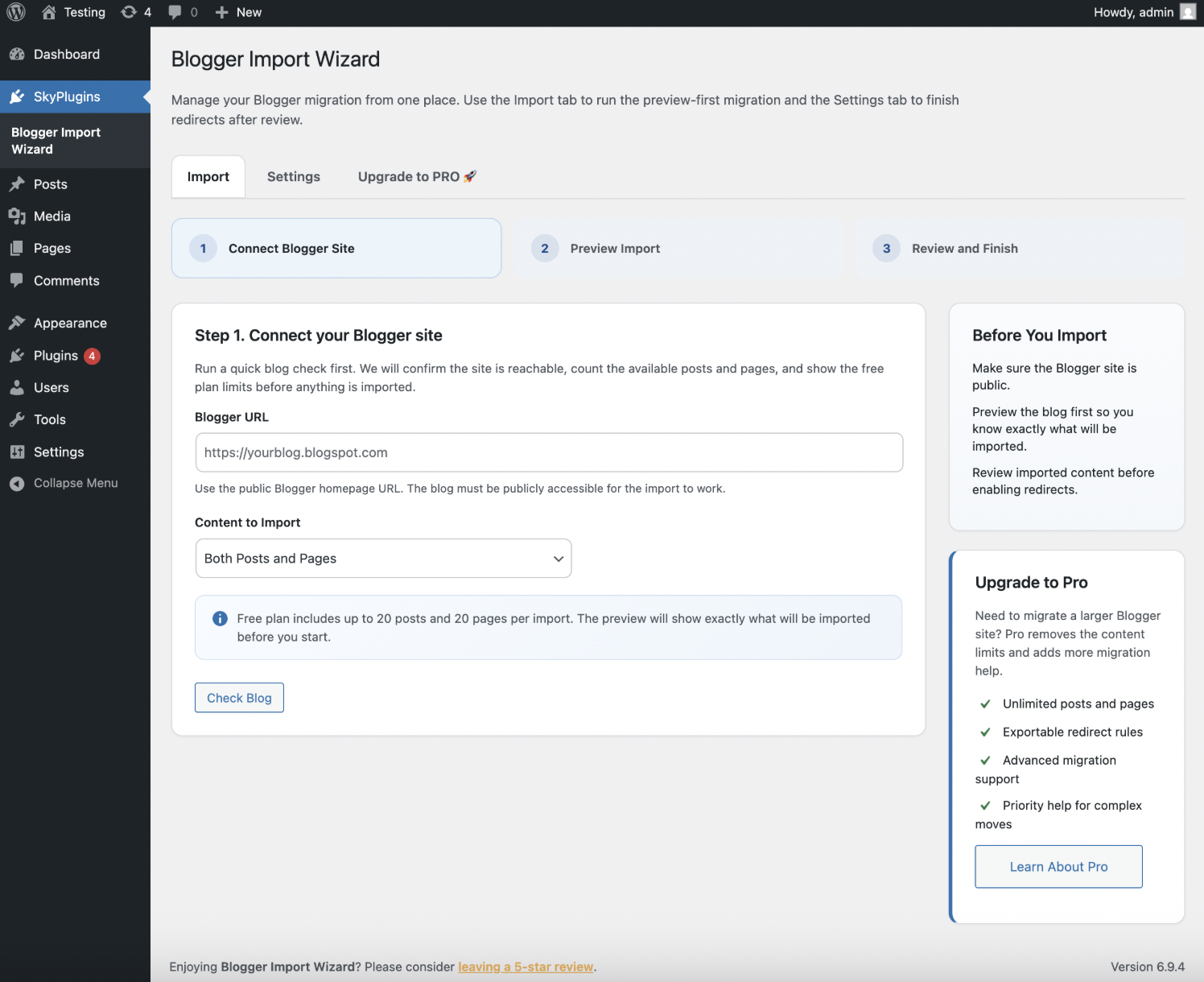 image showing blogger to wordpress plugin dashabord demo