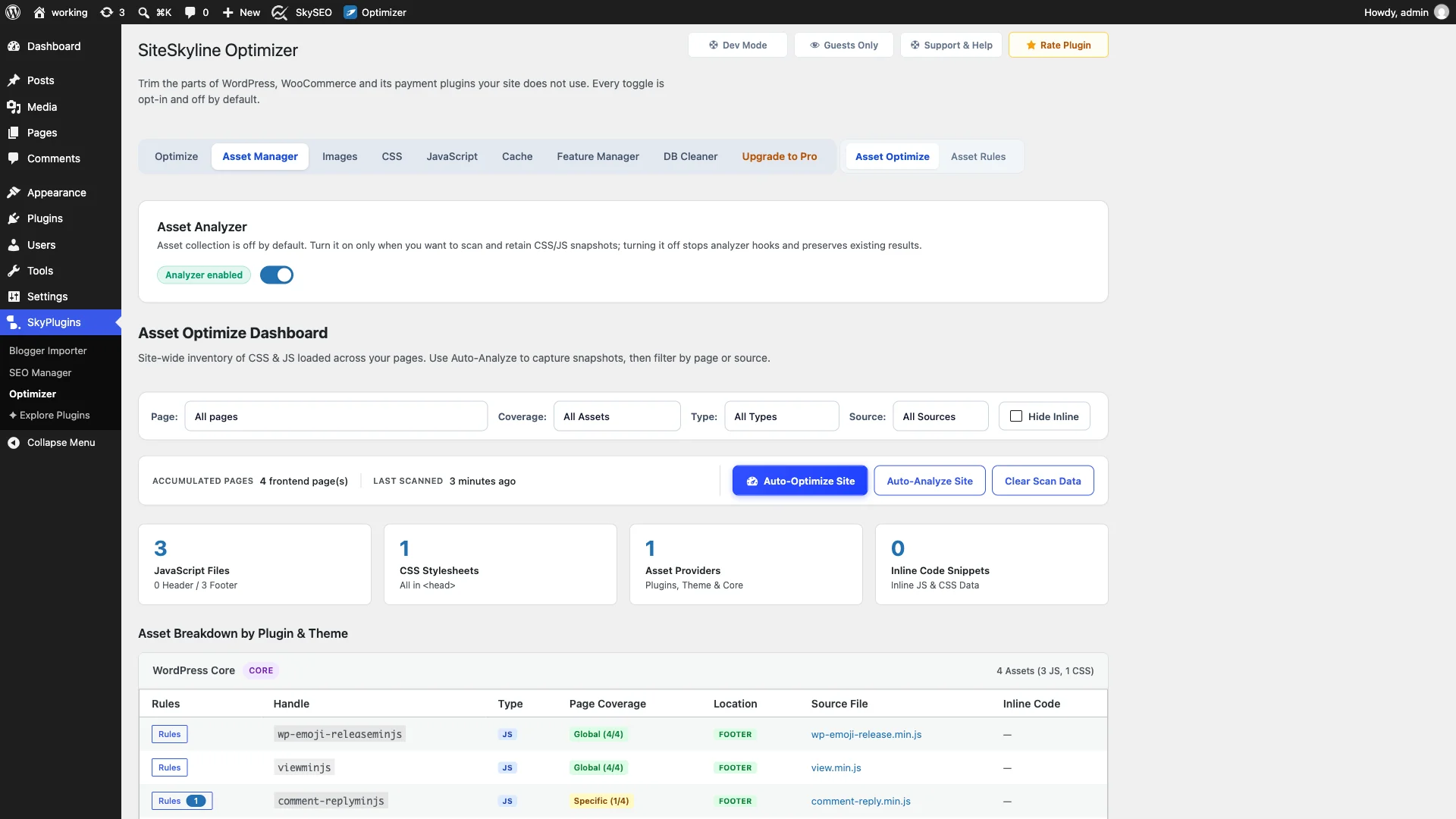 SOptimizer Asset Manager Dashboard with site-wide inventory metrics