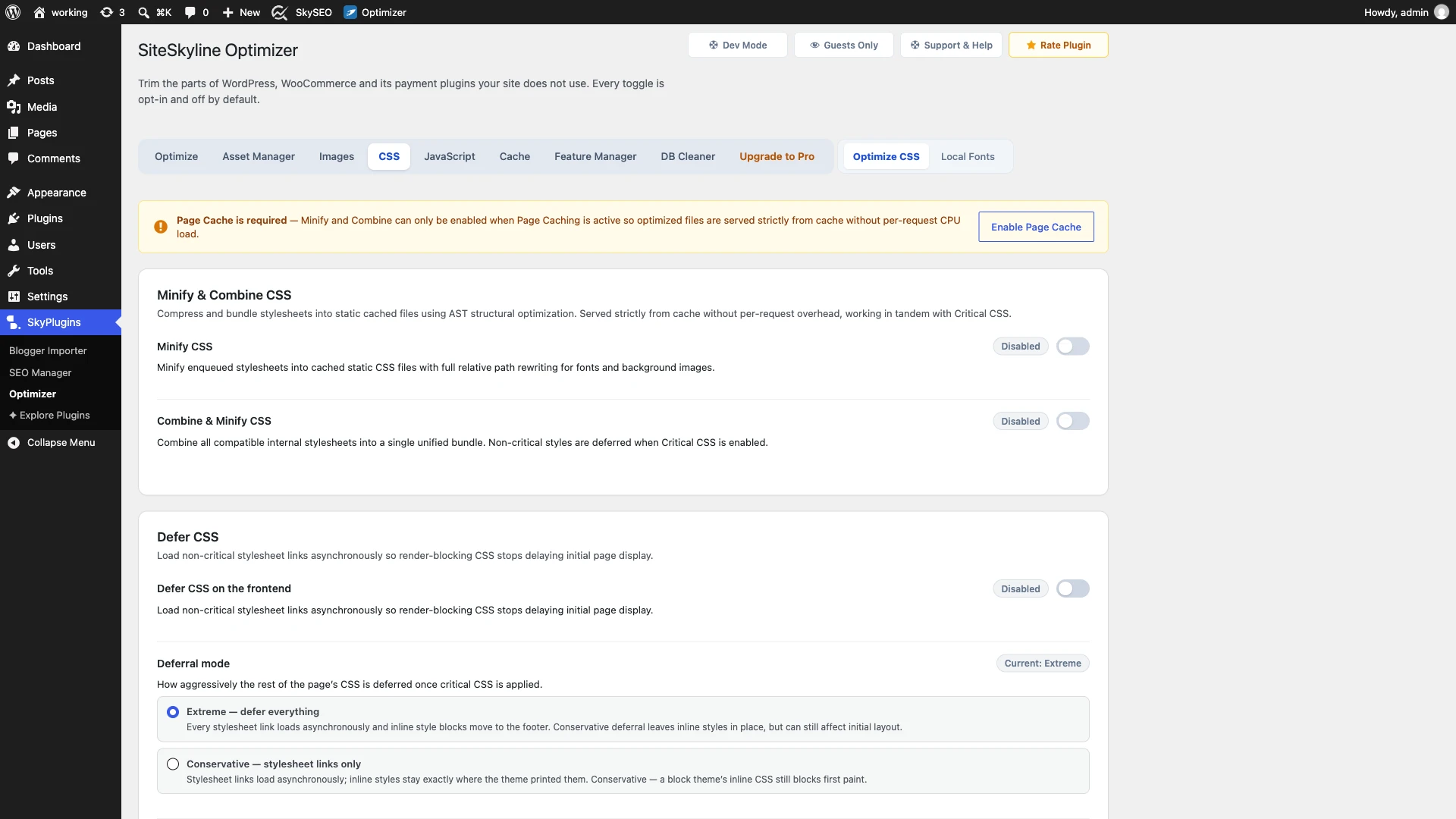 SOptimizer CSS optimization and Critical CSS dashboard