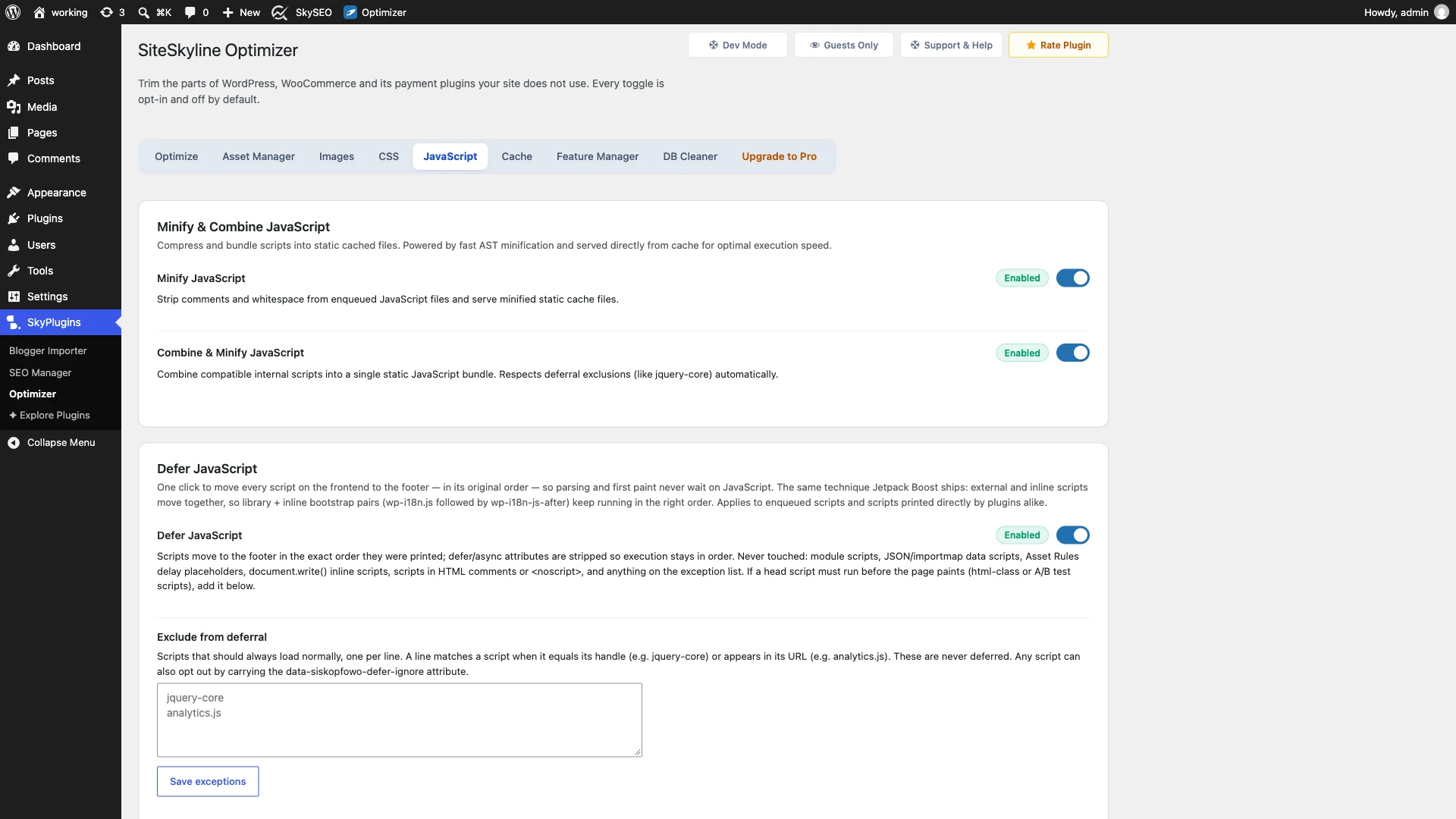 SOptimizer JavaScript Optimization Dashboard showing minification and bundling options