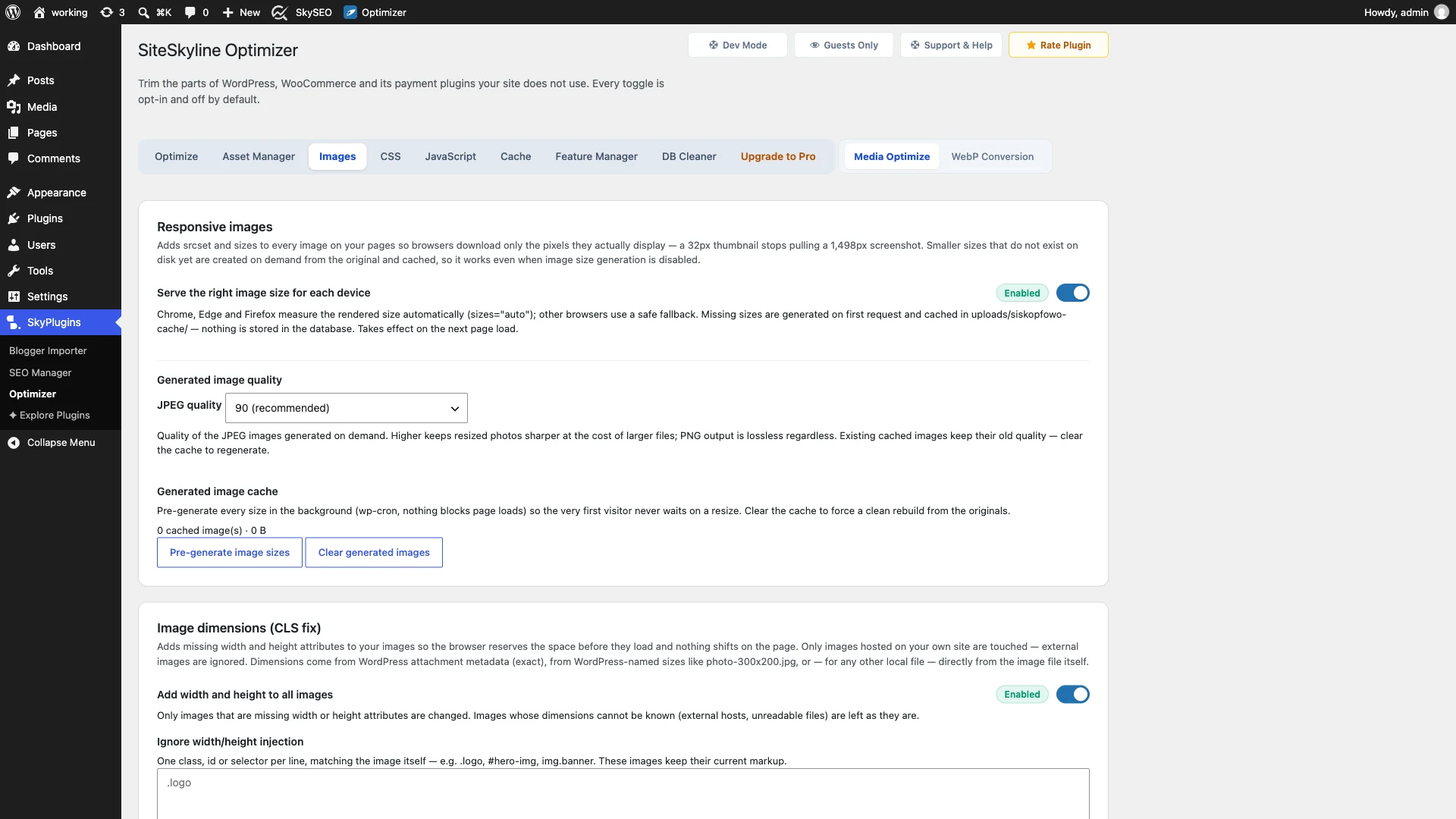 Media Optimize Dashboard in SiteSkyline Optimizer