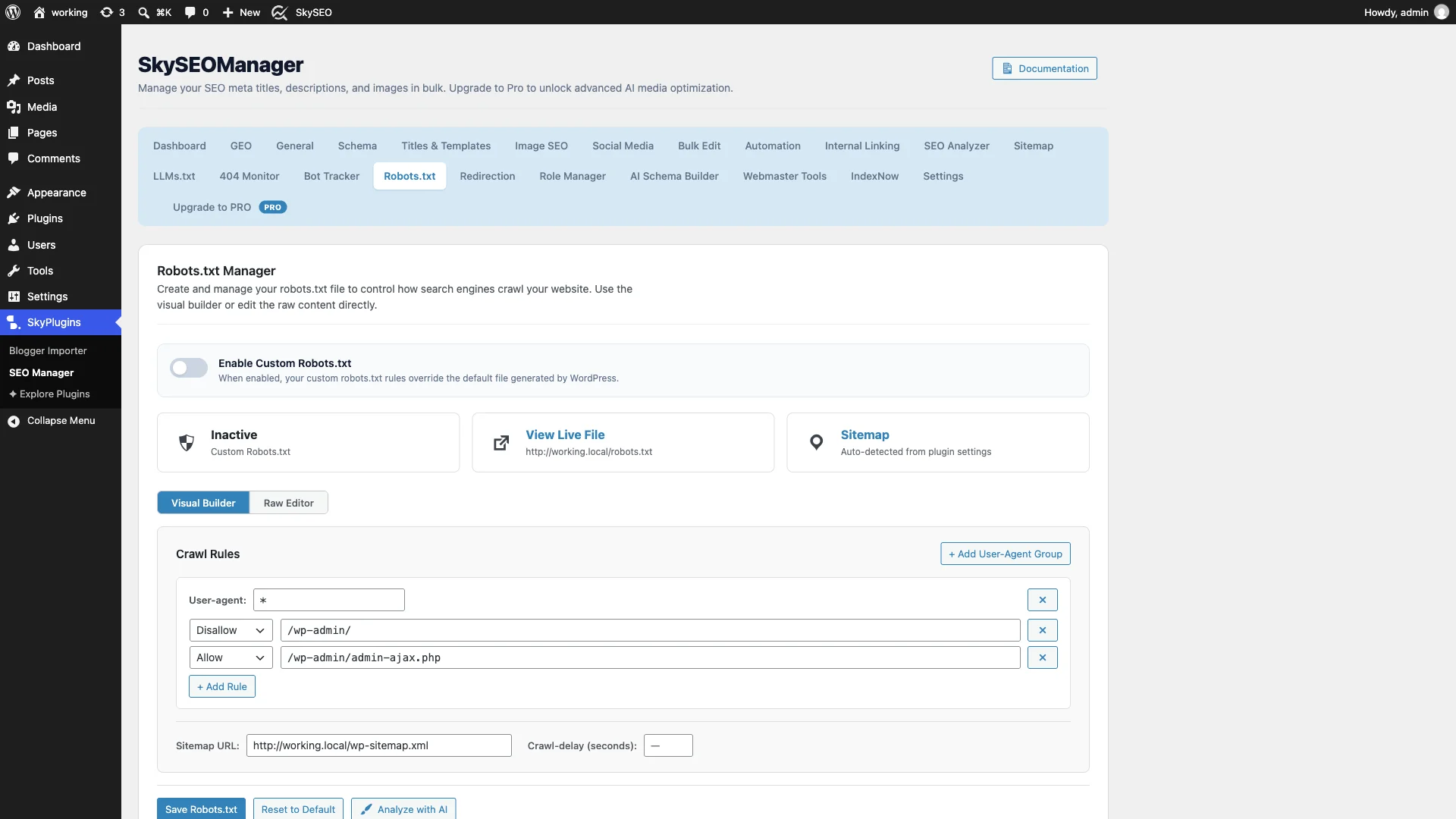 Sky SEO Manager Robots.txt Visual Builder interface in WordPress