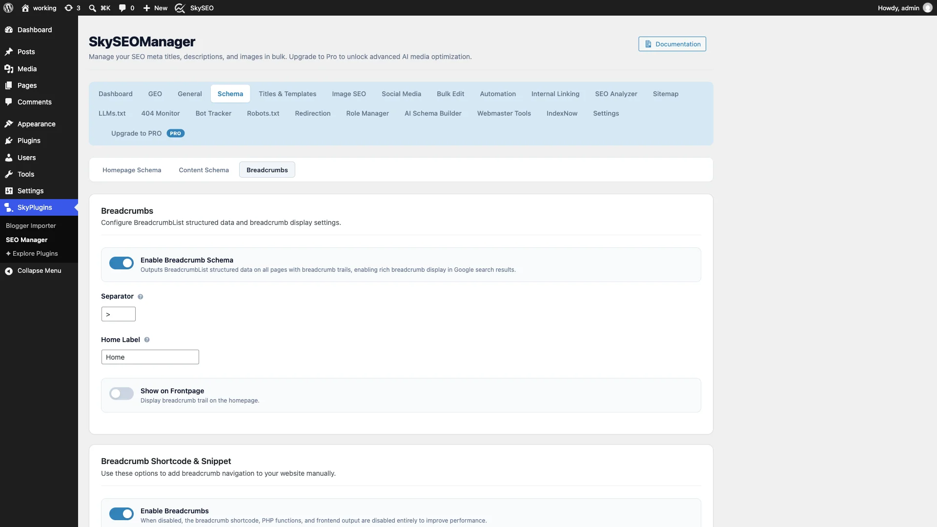 Breadcrumbs settings and BreadcrumbList schema toggle in Sky SEO Manager