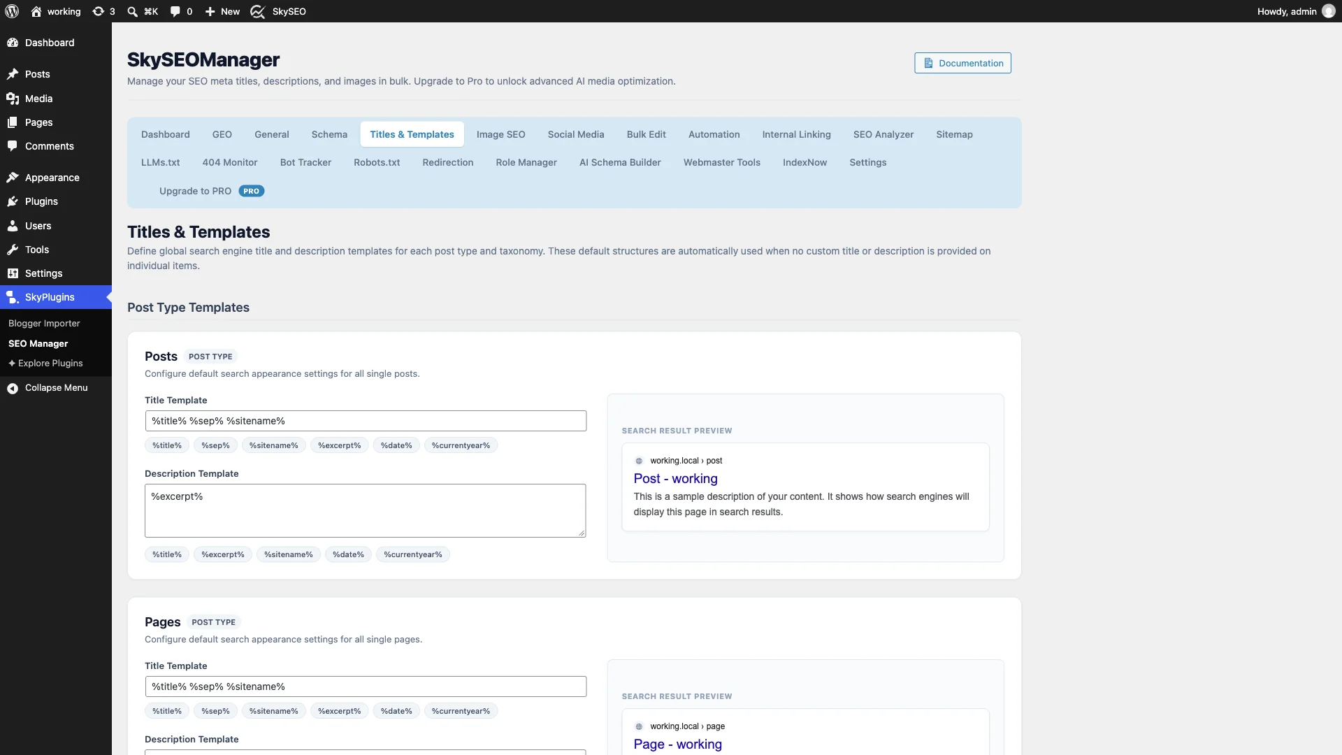 Sky SEO Manager Titles and Templates dashboard overview