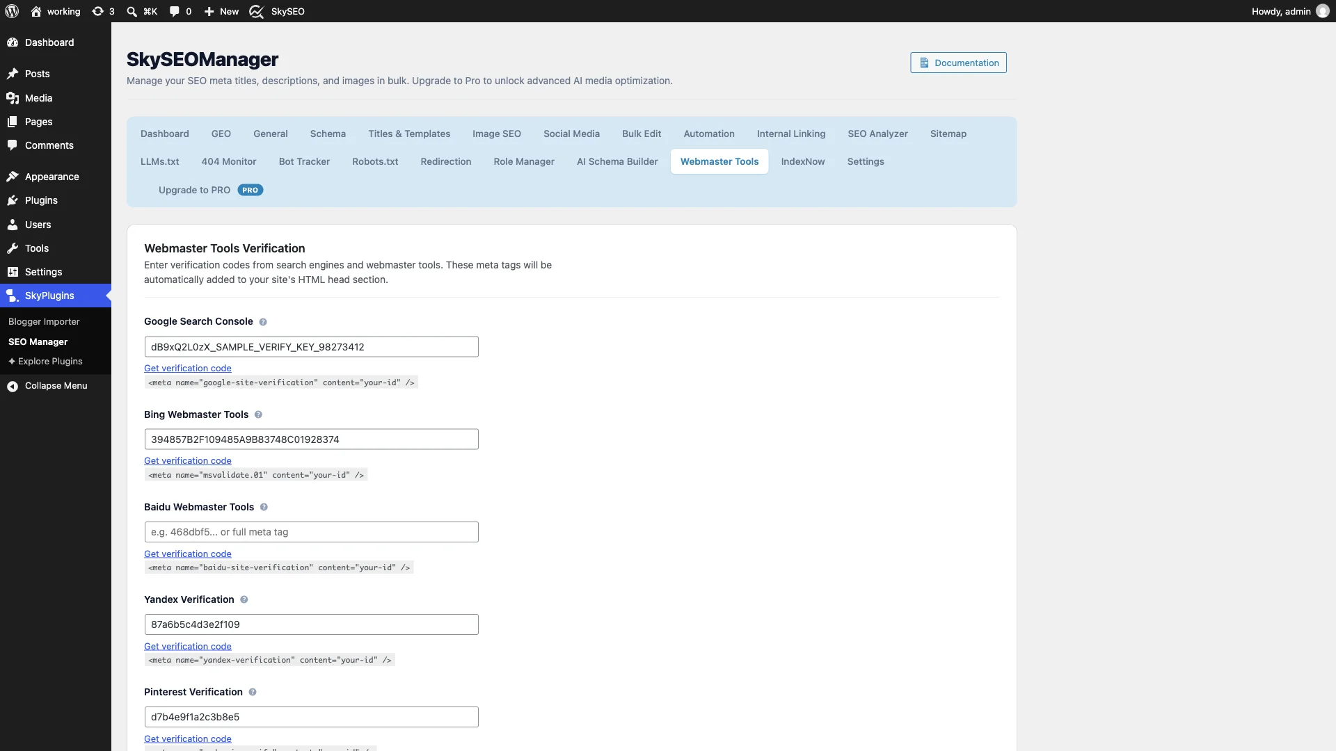 Sky SEO Manager Webmaster Tools Verification Dashboard