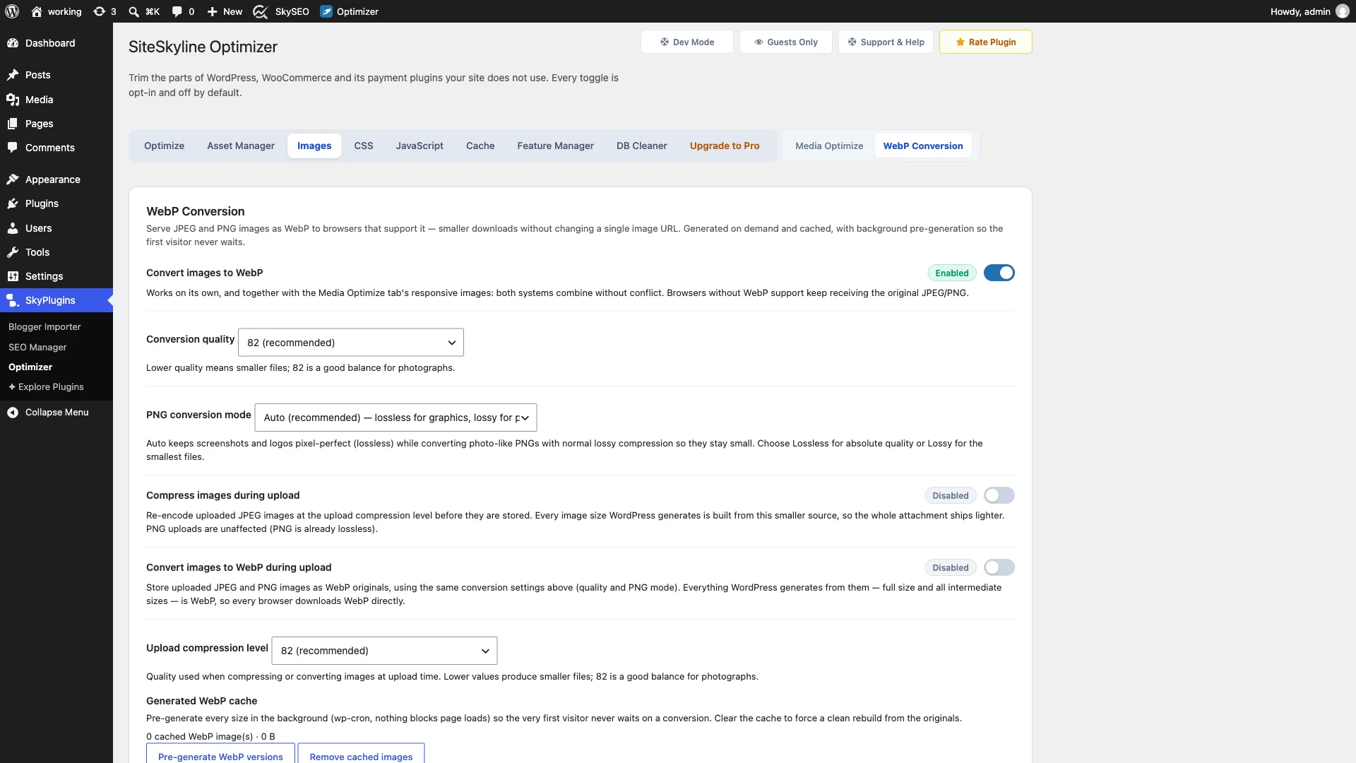 SOptimizer WebP Conversion Dashboard showing automatic image conversion settings