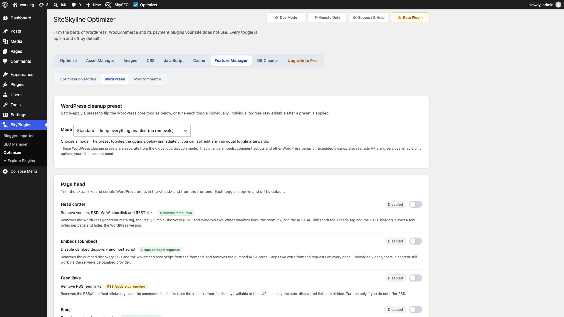 WordPress Cleanup Preset Selector in SiteSkyline Optimizer