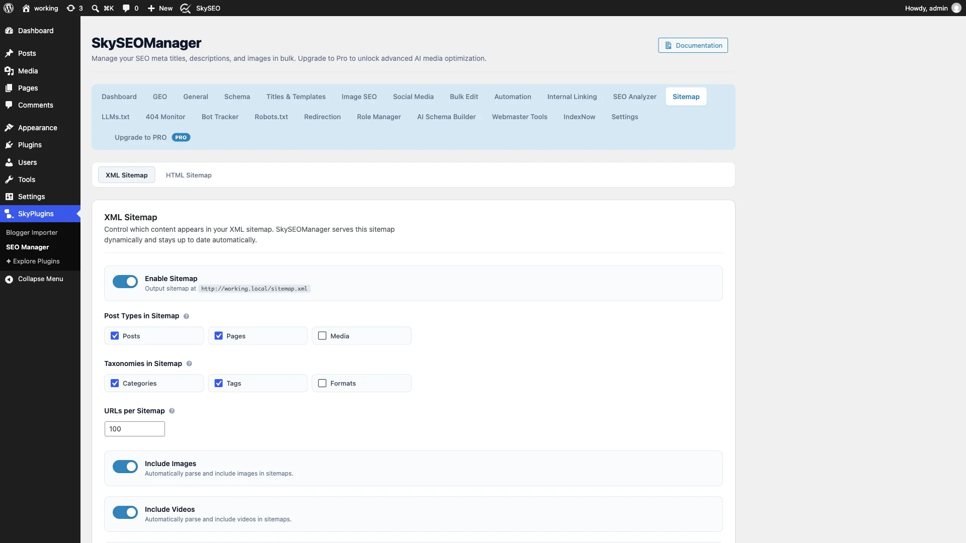 XML Sitemap settings dashboard in Sky SEO Manager