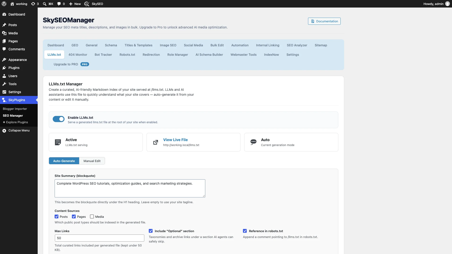 Configuring site summary blockquote and content sources in Sky SEO Manager