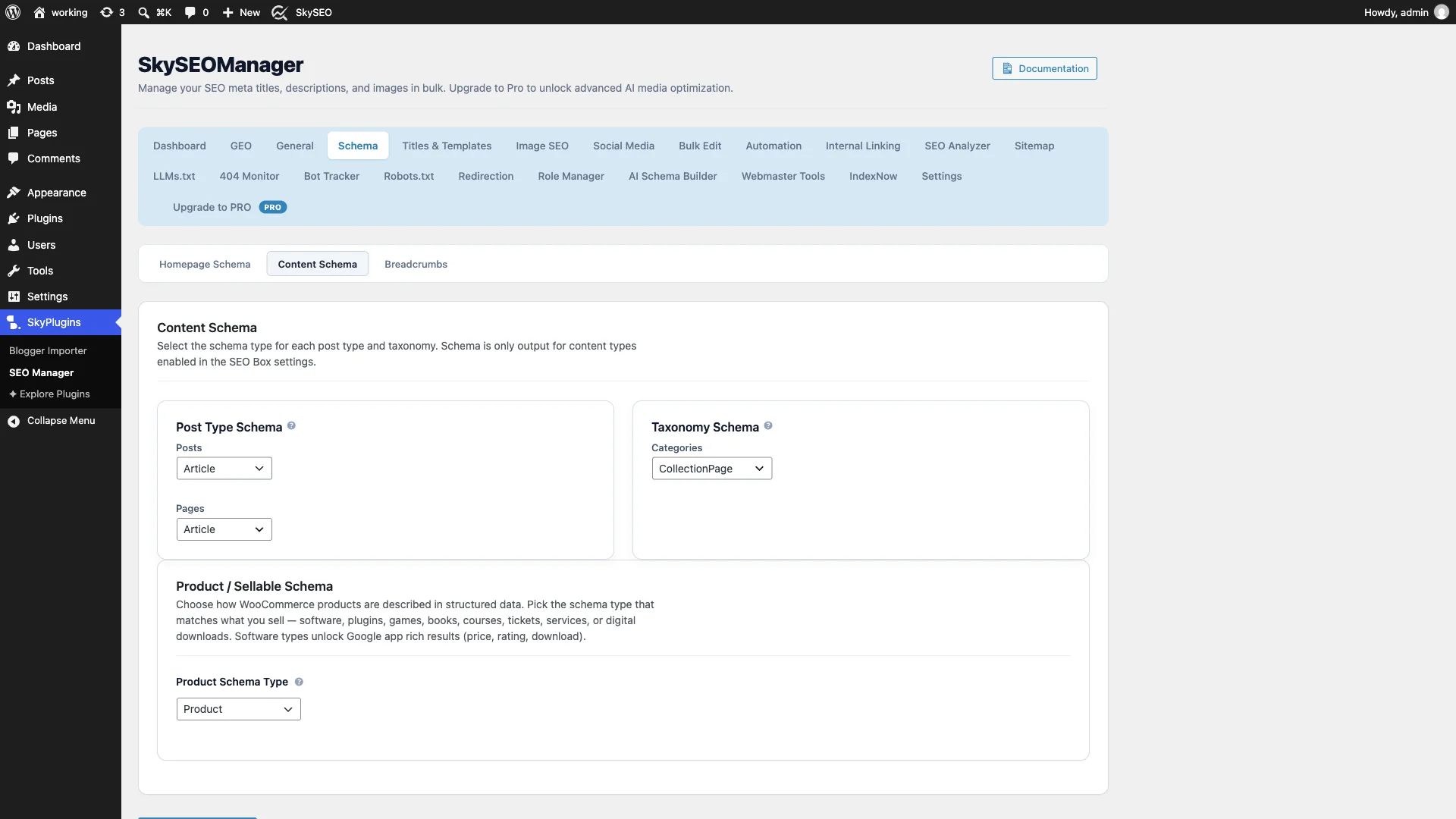 Content Schema configuration tab in Sky SEO Manager