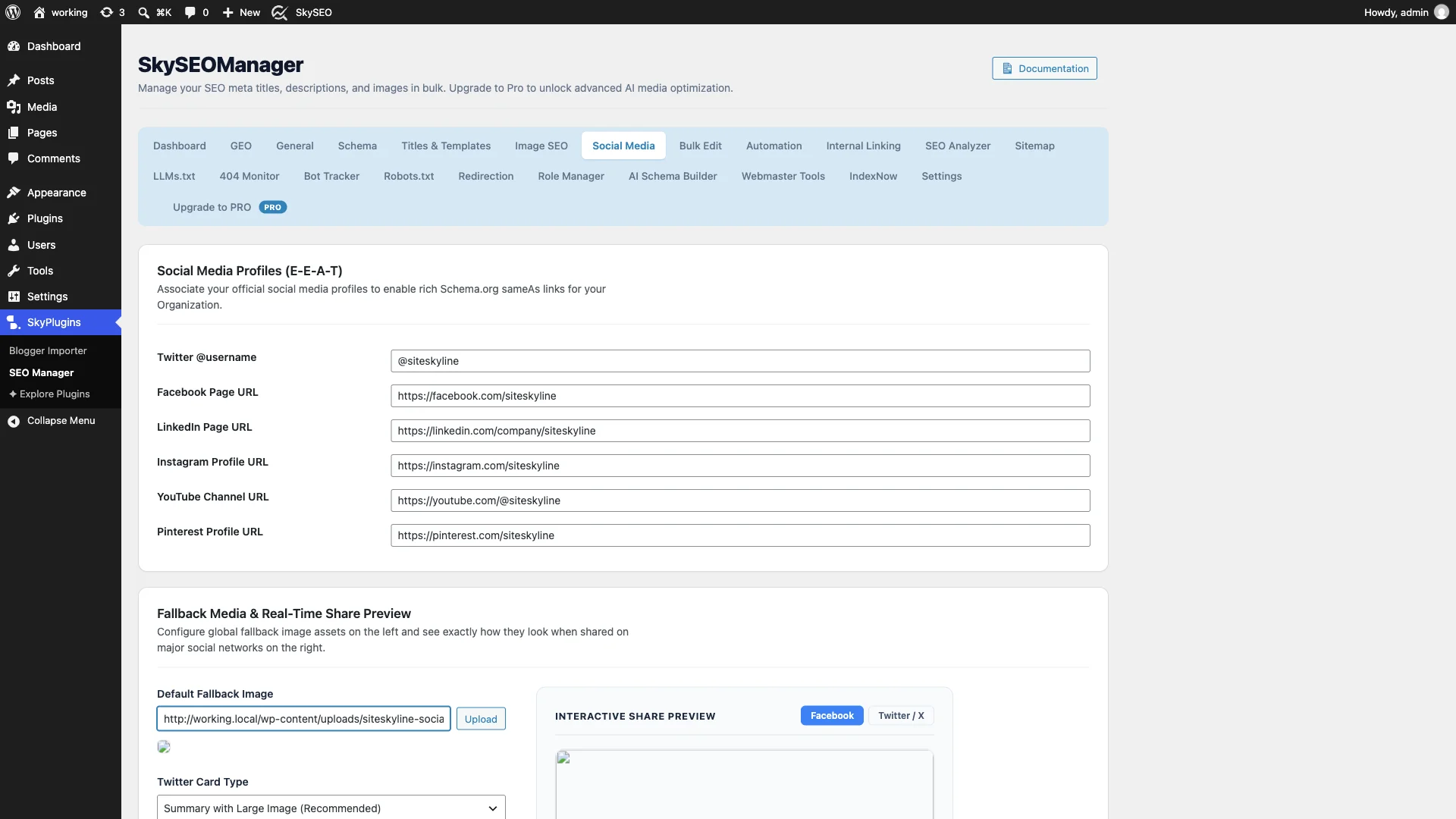 Configuring fallback social image and Twitter Card type in Sky SEO Manager