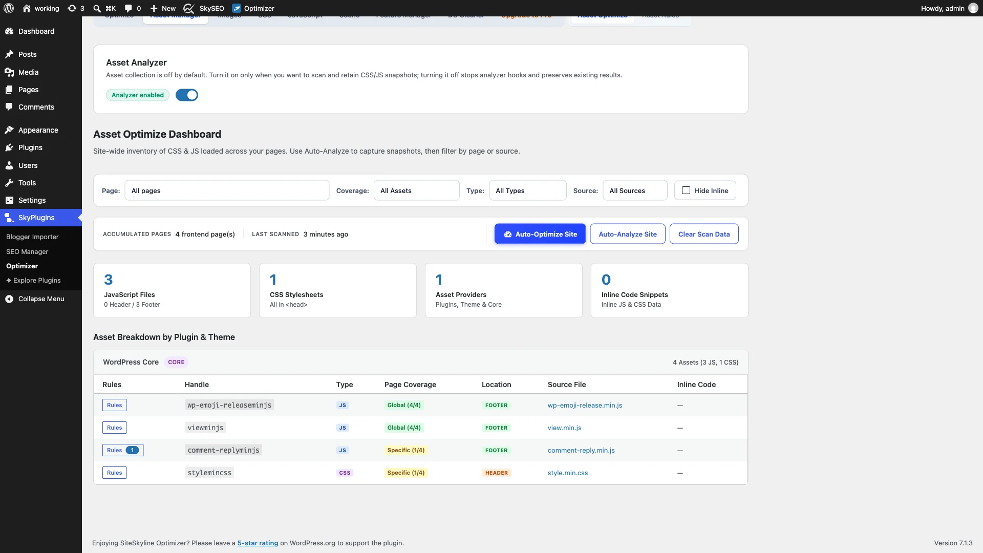 Enabling Asset Analyzer and viewing assets categorized by plugin, theme, and WordPress Core