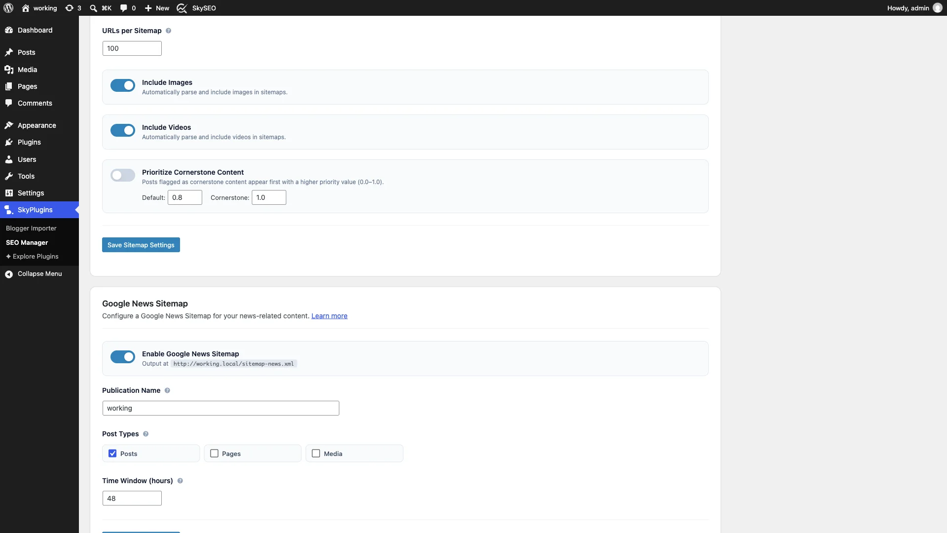 Google News Sitemap configuration with publication name and time window