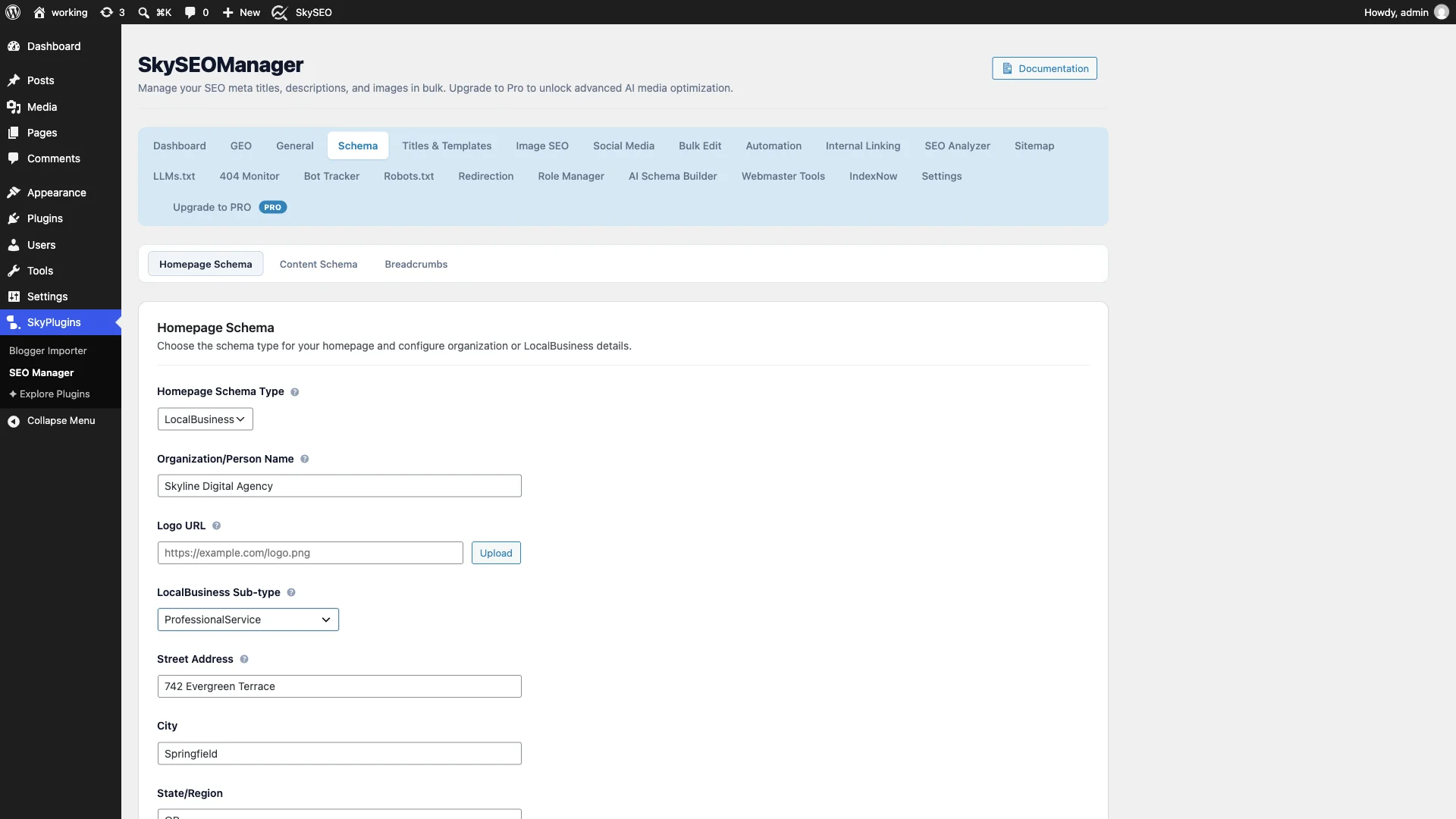 Selecting a specialized LocalBusiness sub-type in Sky SEO Manager