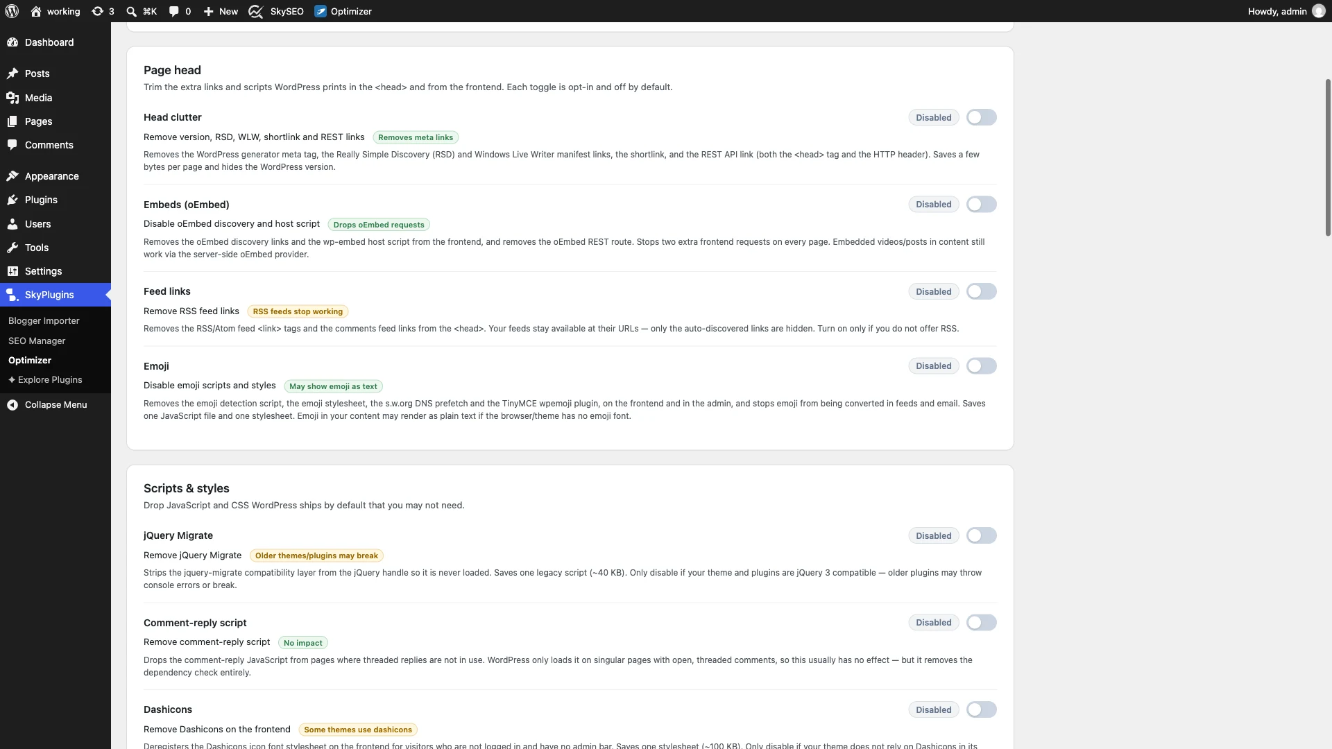 Page Head Clutter and Embeds settings in SiteSkyline Optimizer