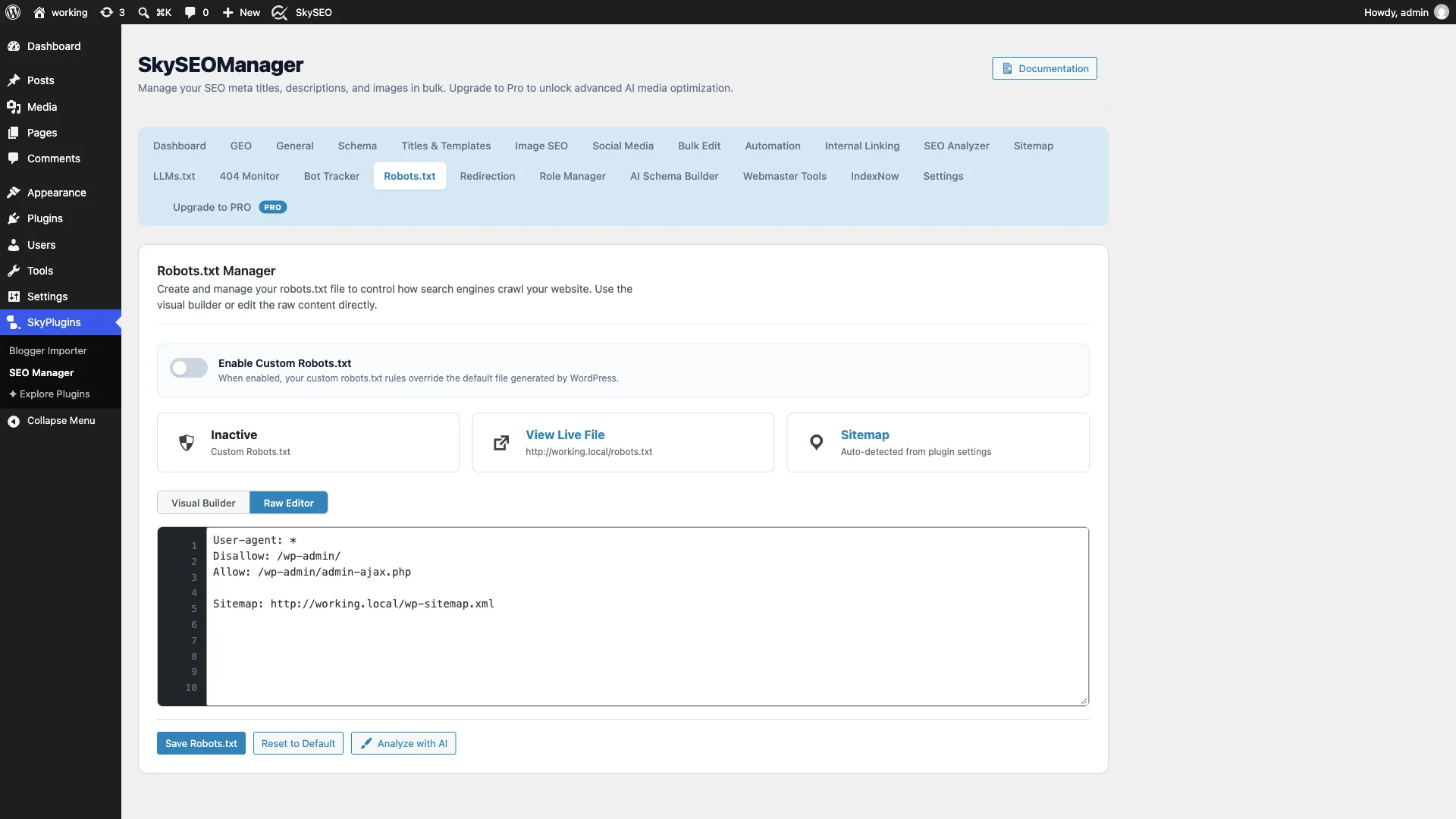Raw Editor in Sky SEO Manager showing syntax-highlighted directives and line numbers