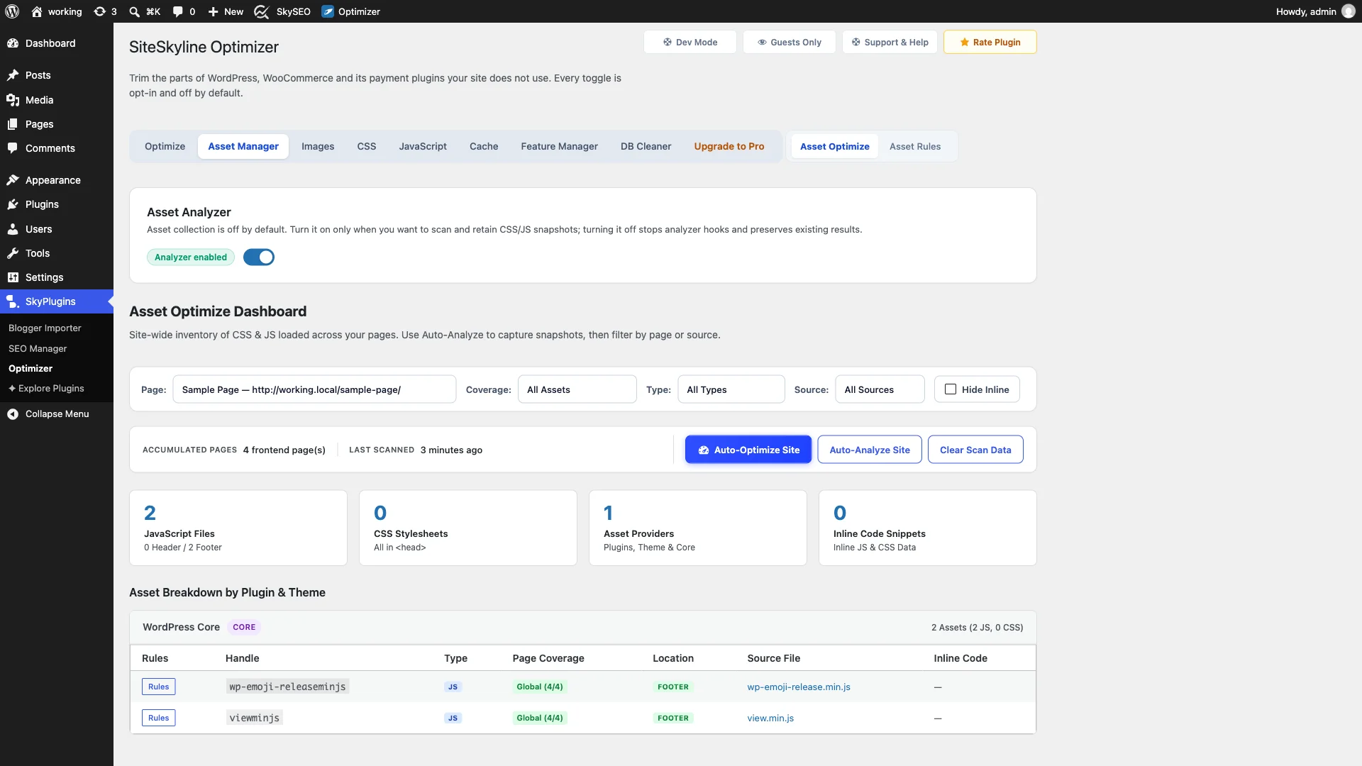 Filtering assets by page and clicking Auto-Analyze Site