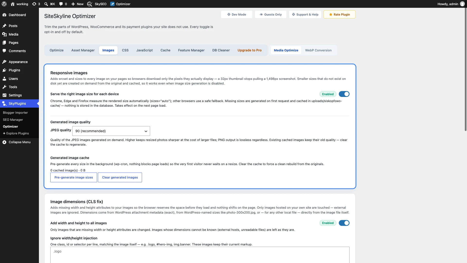 Configure Responsive Images and srcset in SiteSkyline Optimizer
