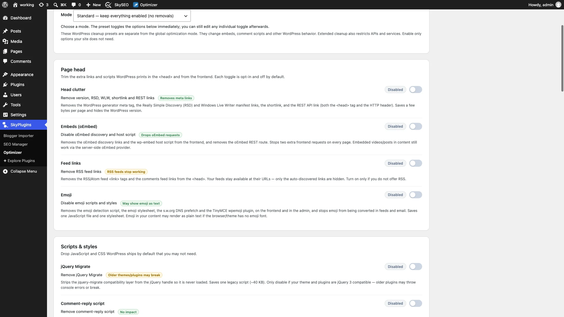 Disable Emojis and Feed Links in SiteSkyline Optimizer