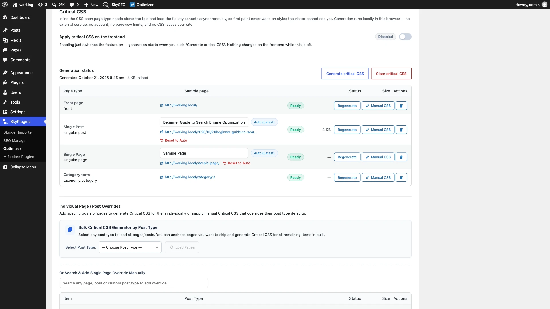 Generating in-browser Critical CSS status table in SOptimizer