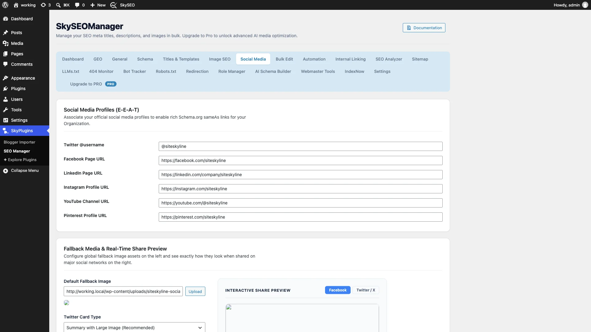 Interactive Facebook share preview in Sky SEO Manager