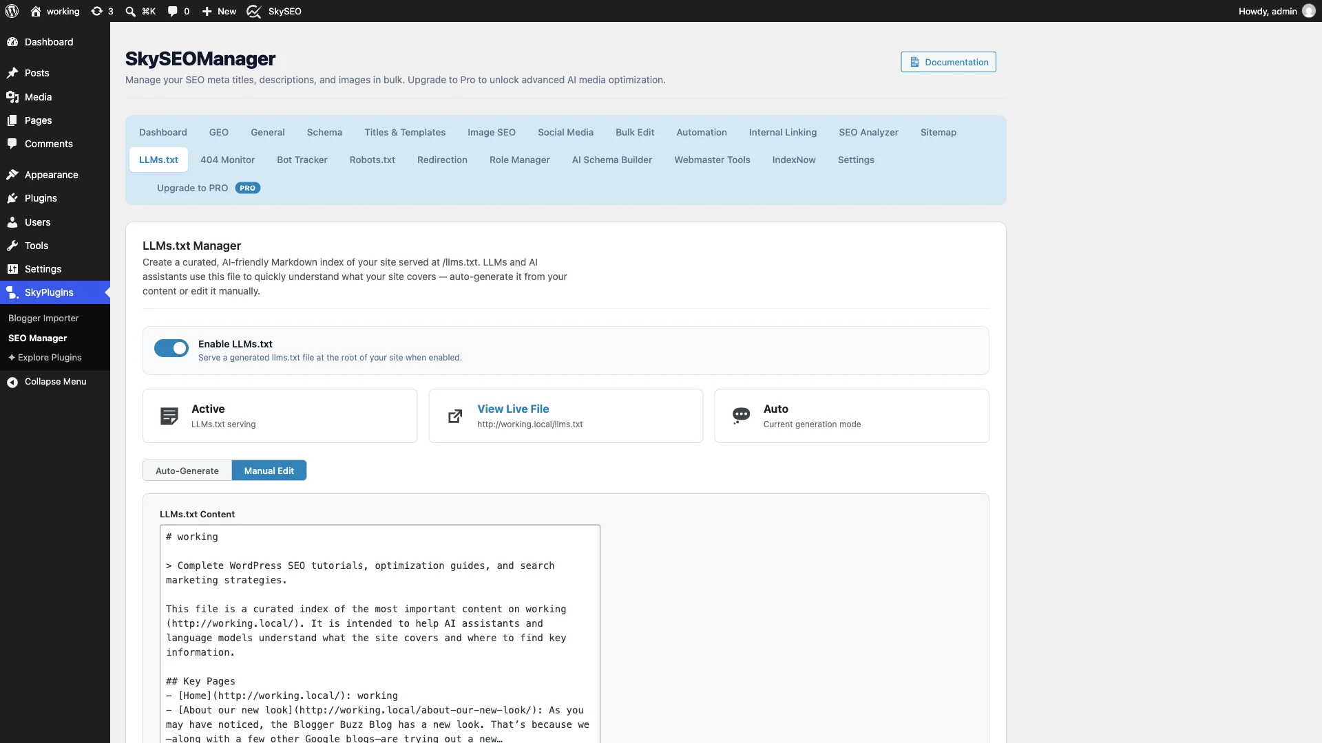 Manual edit mode for LLMs.txt in Sky SEO Manager