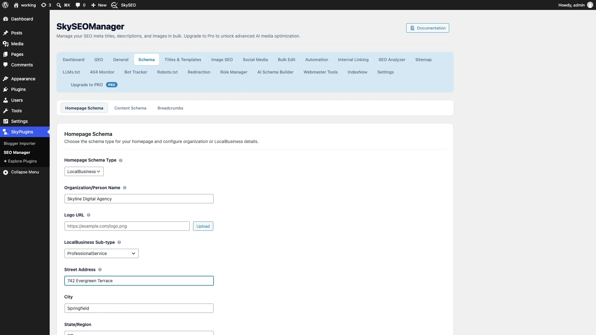Configuring Name, Address, and Phone NAP fields in Sky SEO Manager