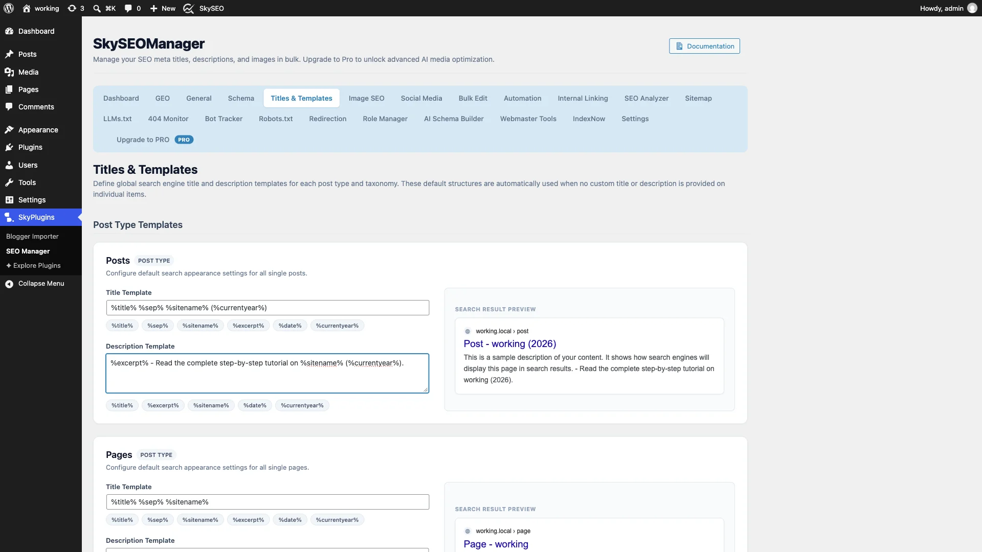 Configuring description template with excerpt and call-to-action tokens