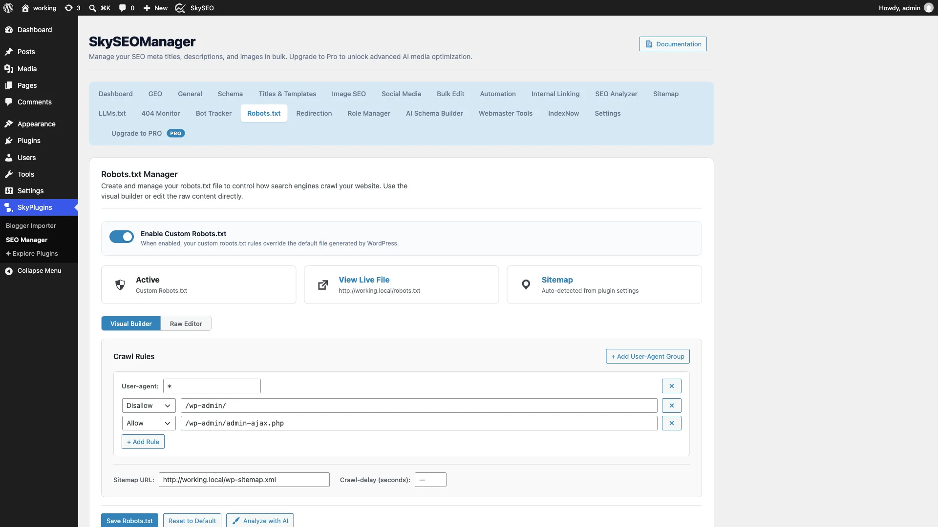 Activating custom robots.txt toggle and saving configuration in Sky SEO Manager