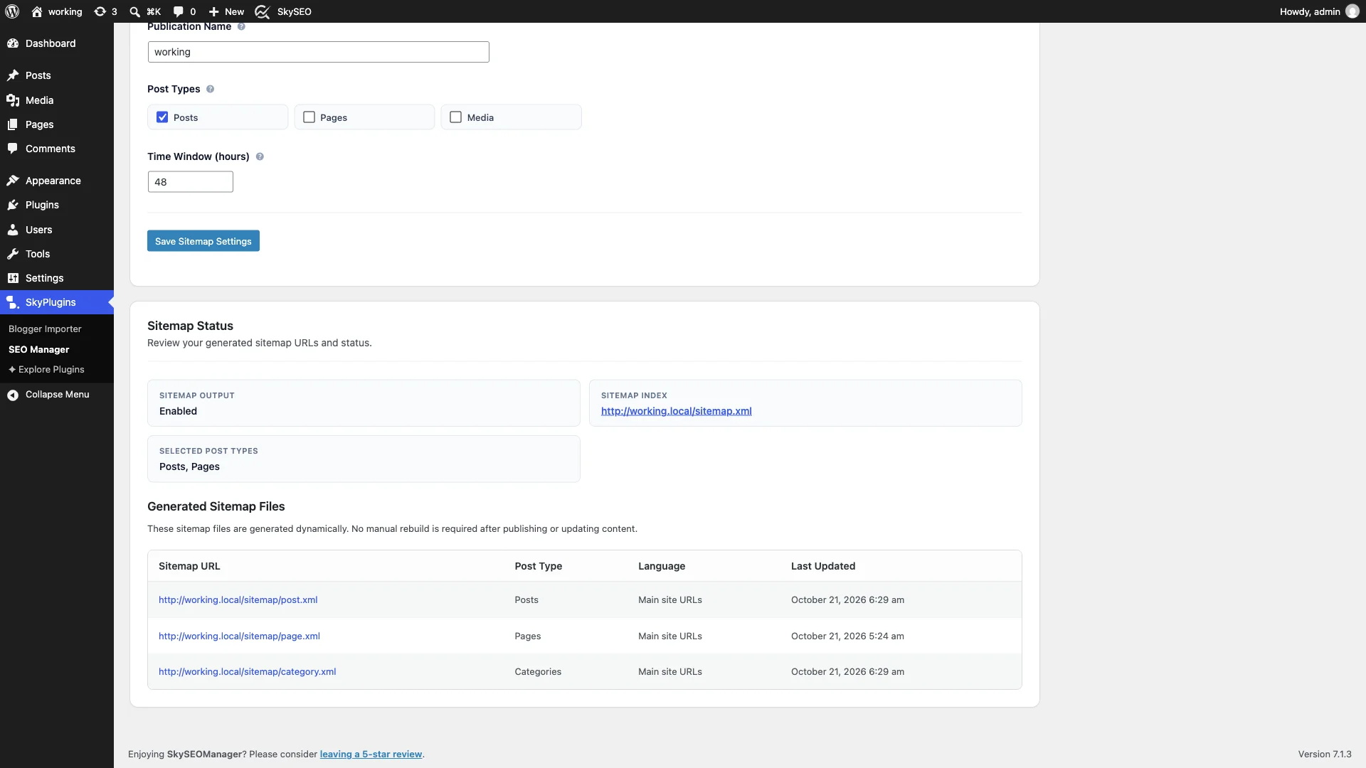 Sitemap Status table showing generated post, page, and category sitemaps