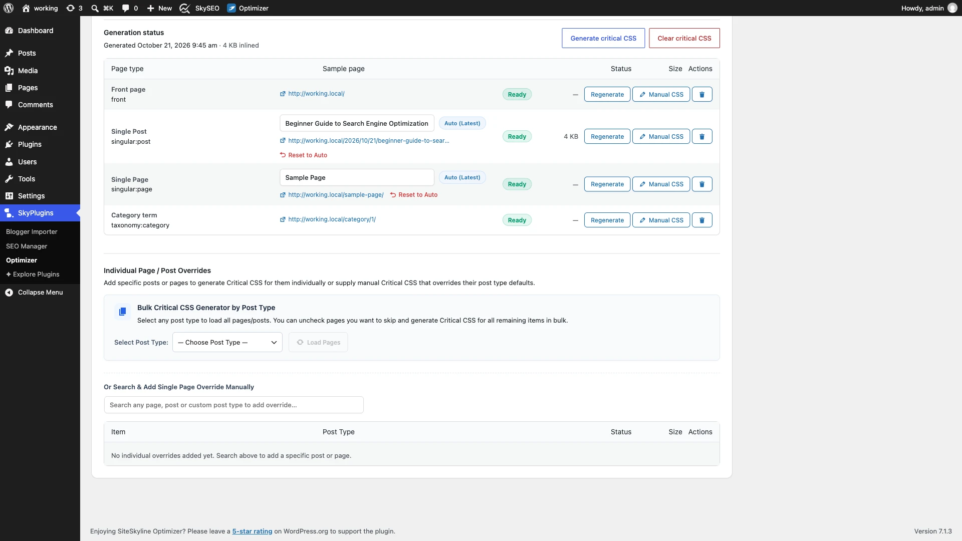 Bulk Critical CSS Generator by Post Type in SOptimizer