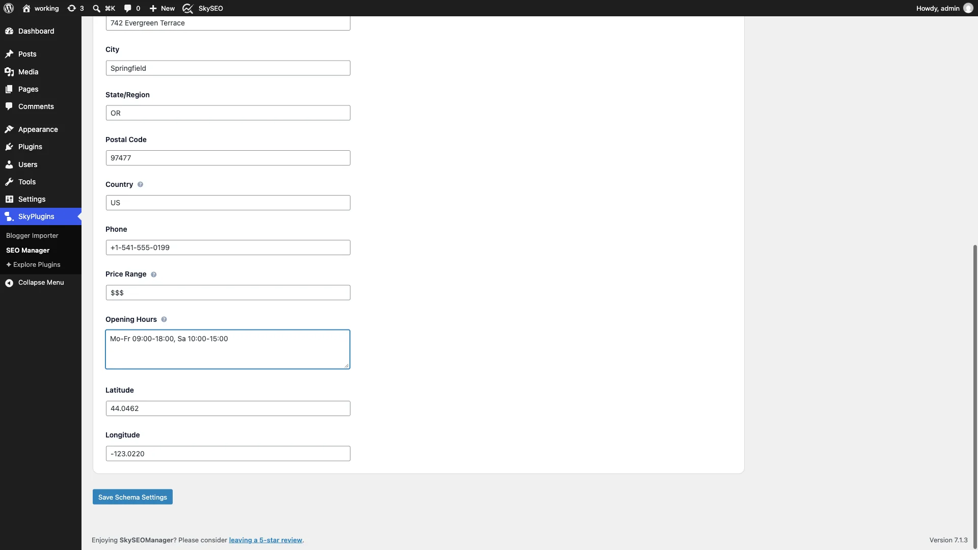 Configuring price range, opening hours, and GPS coordinates in Sky SEO Manager