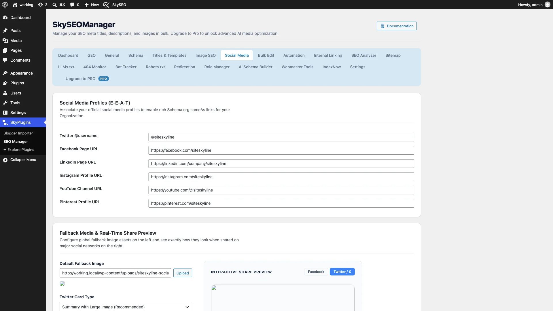 Interactive Twitter X share preview in Sky SEO Manager