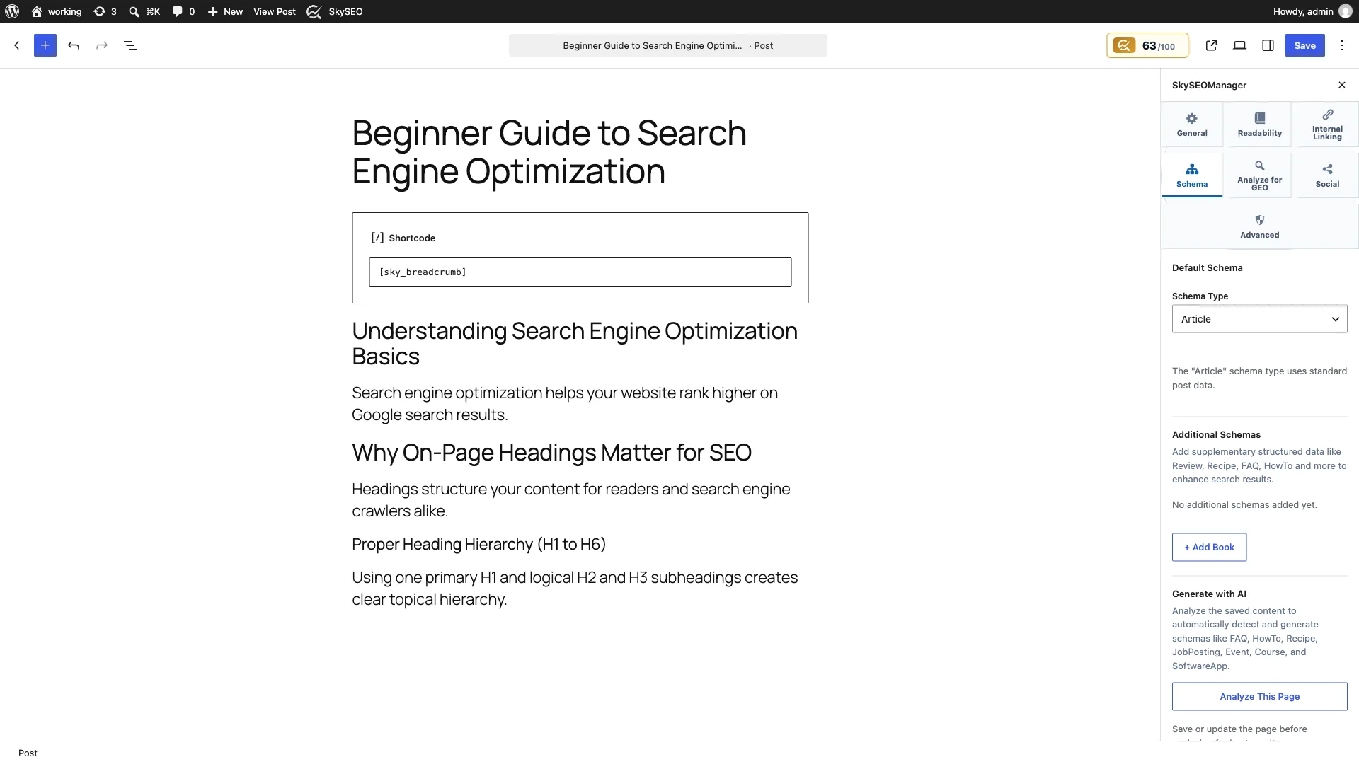 Gutenberg block editor SkySEO sidebar Schema tab