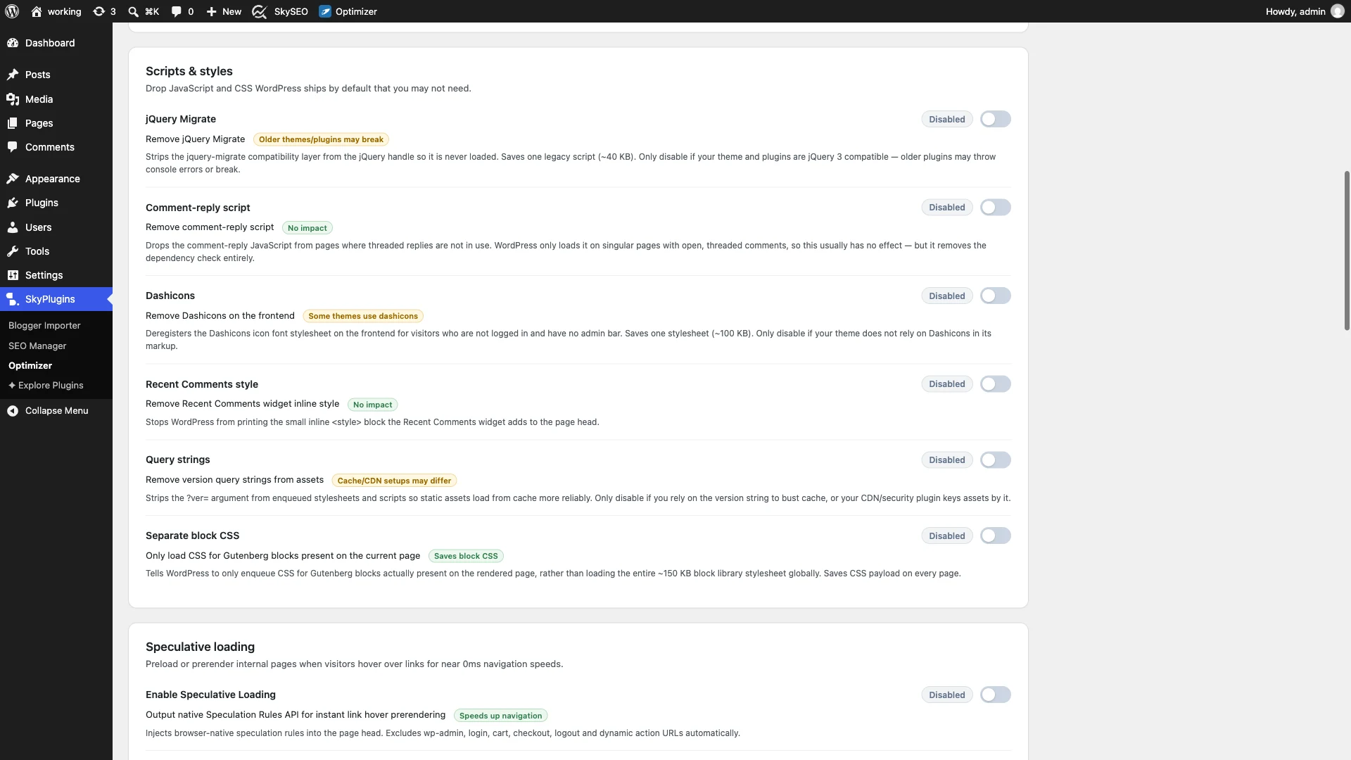 Remove jQuery Migrate and Dashicons in SiteSkyline Optimizer
