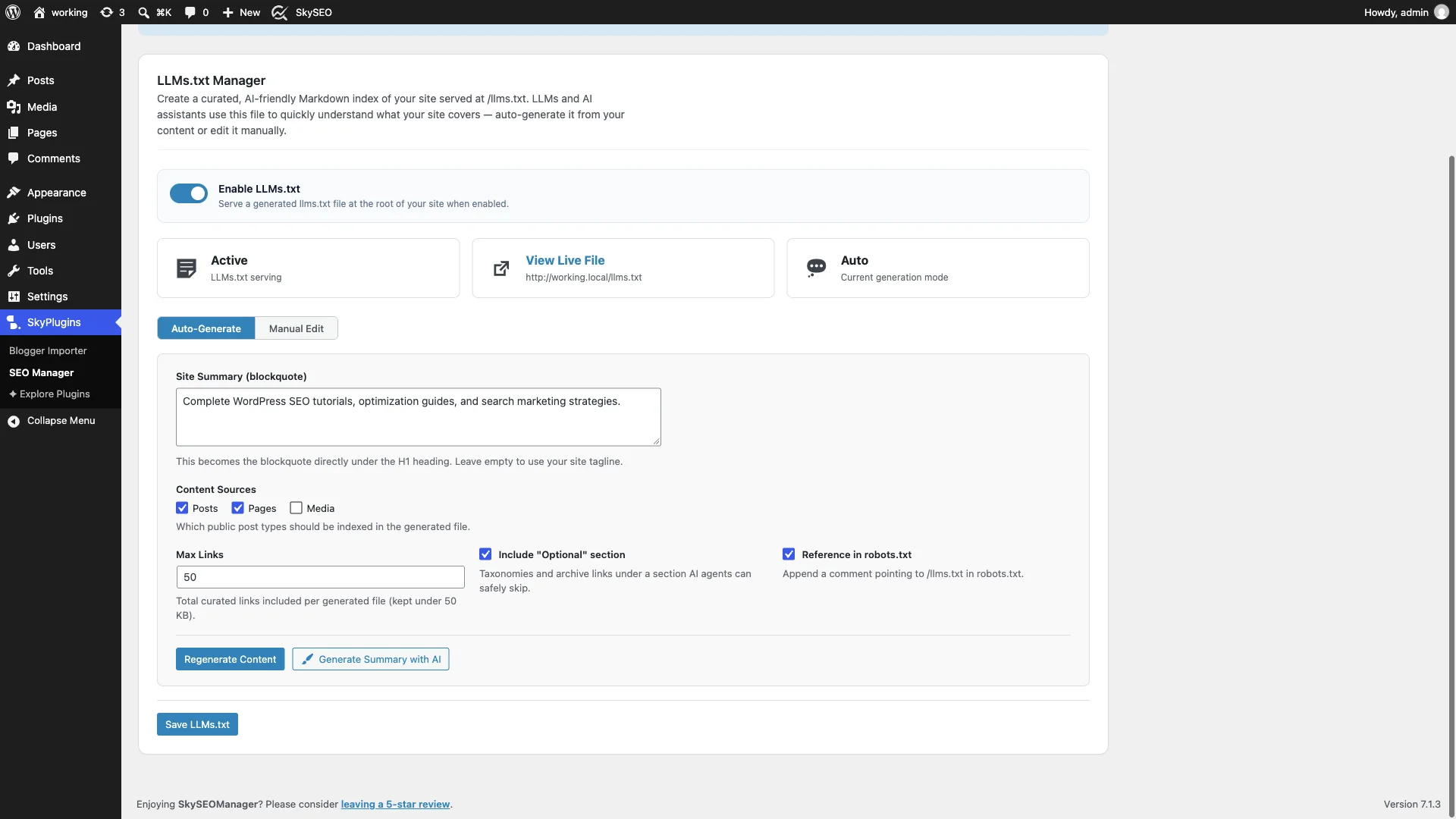 Enabling Reference in robots.txt and saving LLMs.txt settings