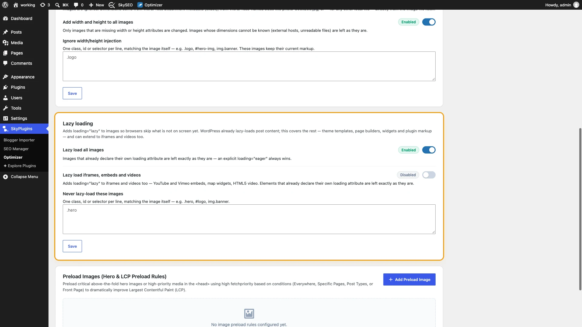 Setup Lazy Loading and Exclusions in SiteSkyline Optimizer