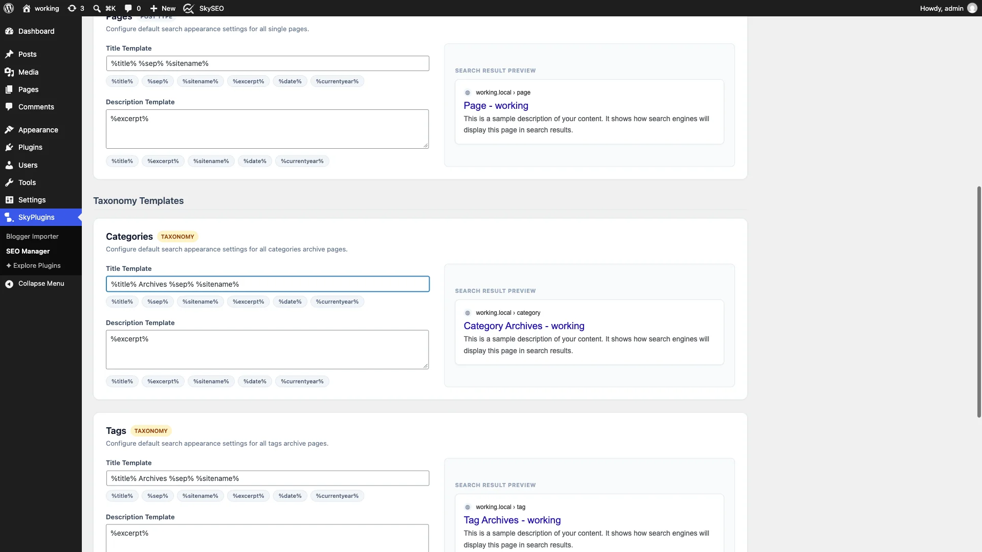 Configuring category and tag archive title templates in Sky SEO Manager