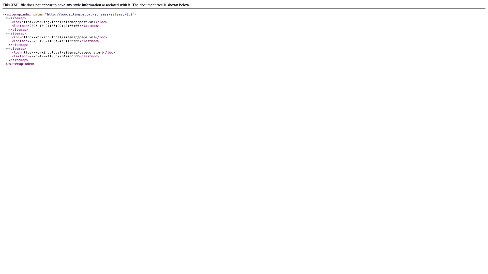 Browser view of live XML Sitemap Index structured to official sitemaps.org standards