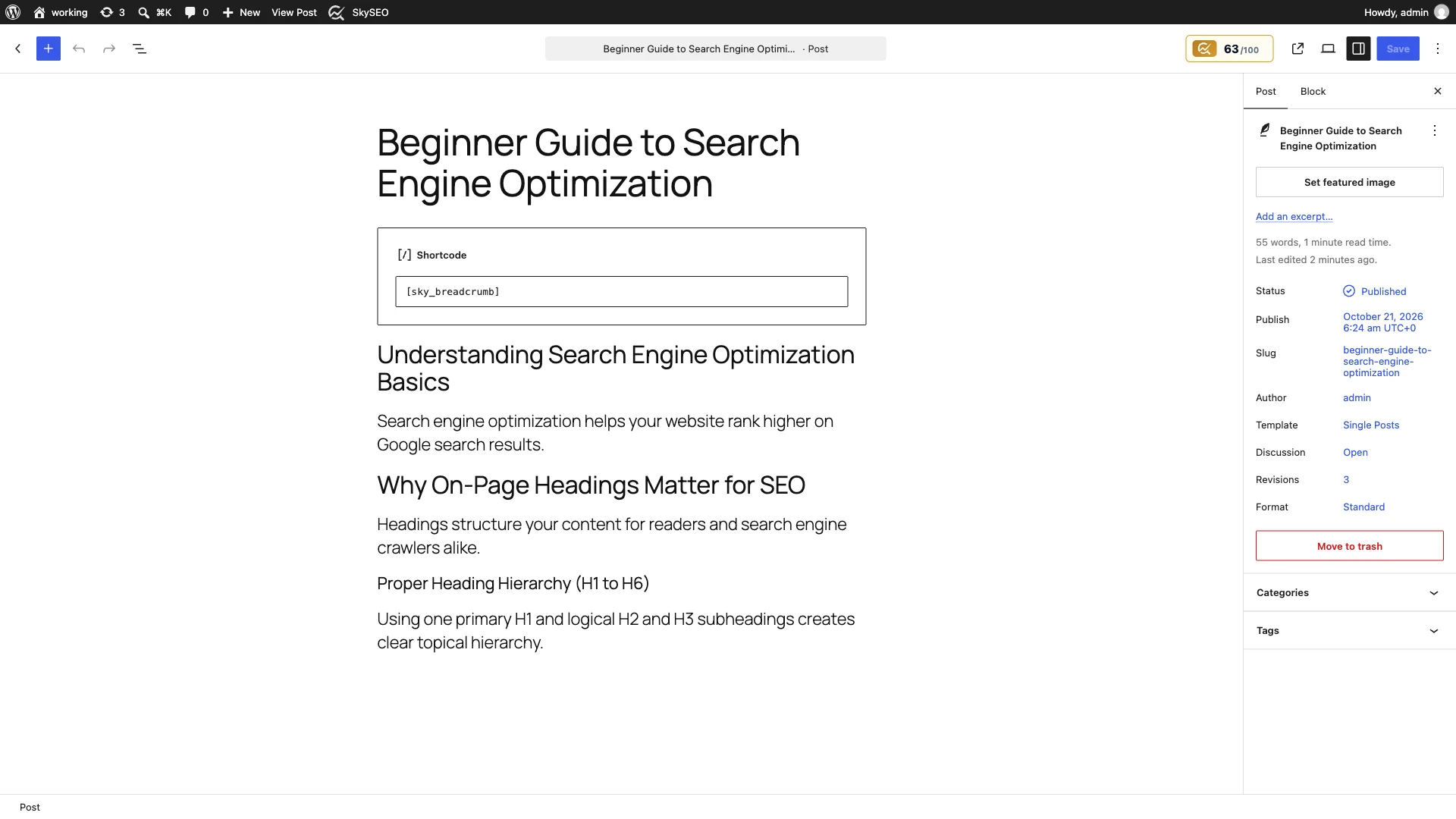 Adding the sky_breadcrumb shortcode block in Gutenberg