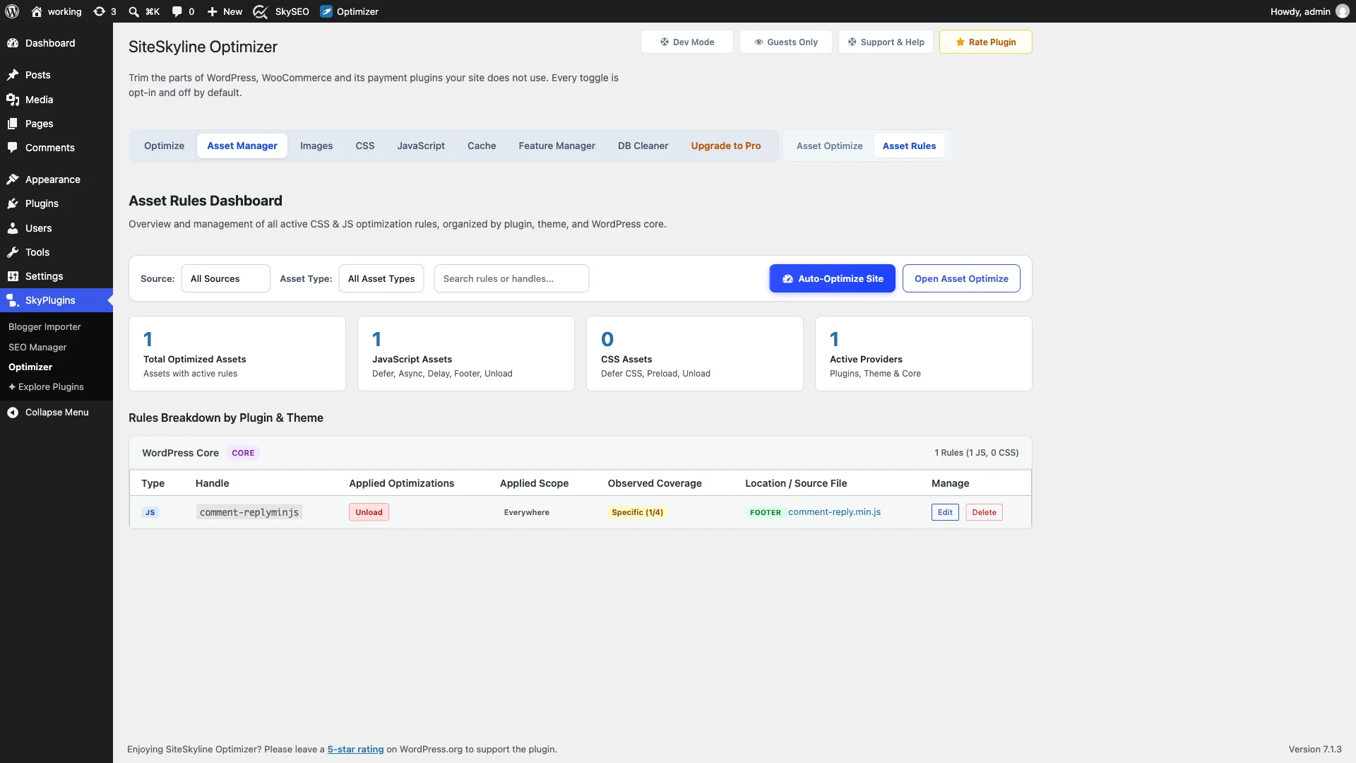 SOptimizer Asset Rules Dashboard showing active unloading rules