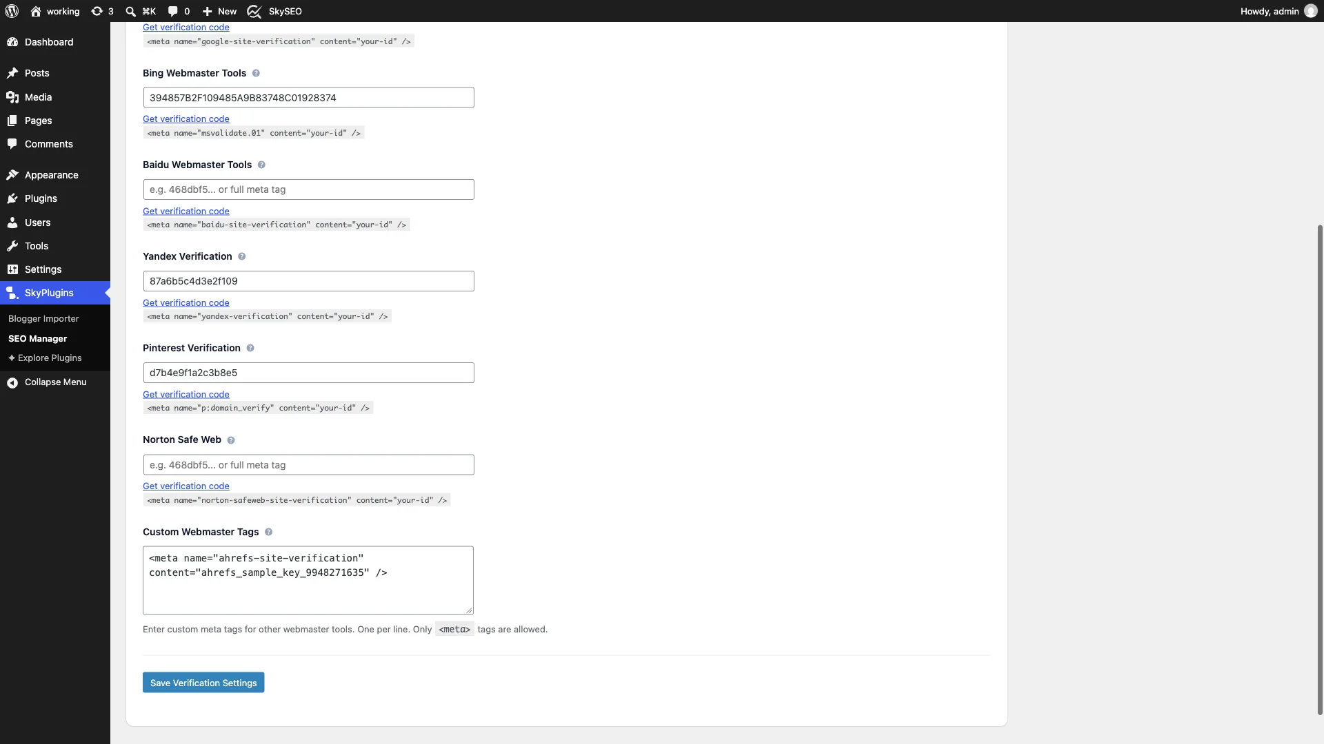 Custom Webmaster Tags textarea and Save button in Sky SEO Manager