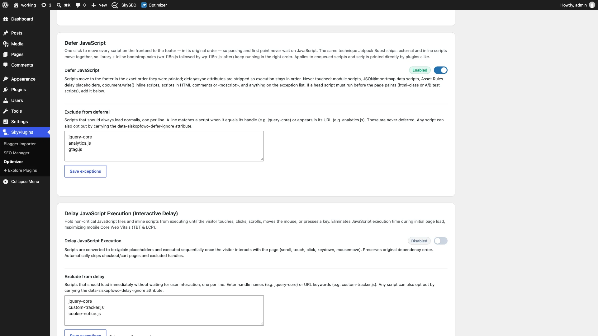 Adding script exceptions to the delay exclusion list