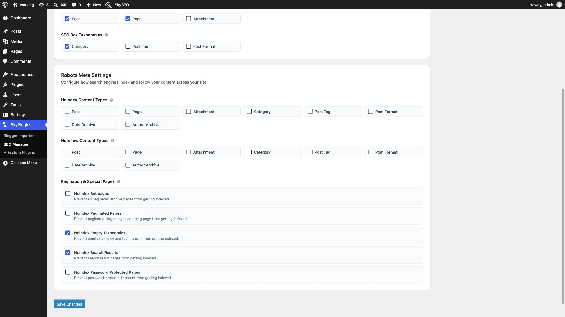 Global Robots Meta Settings in Sky SEO Manager General tab