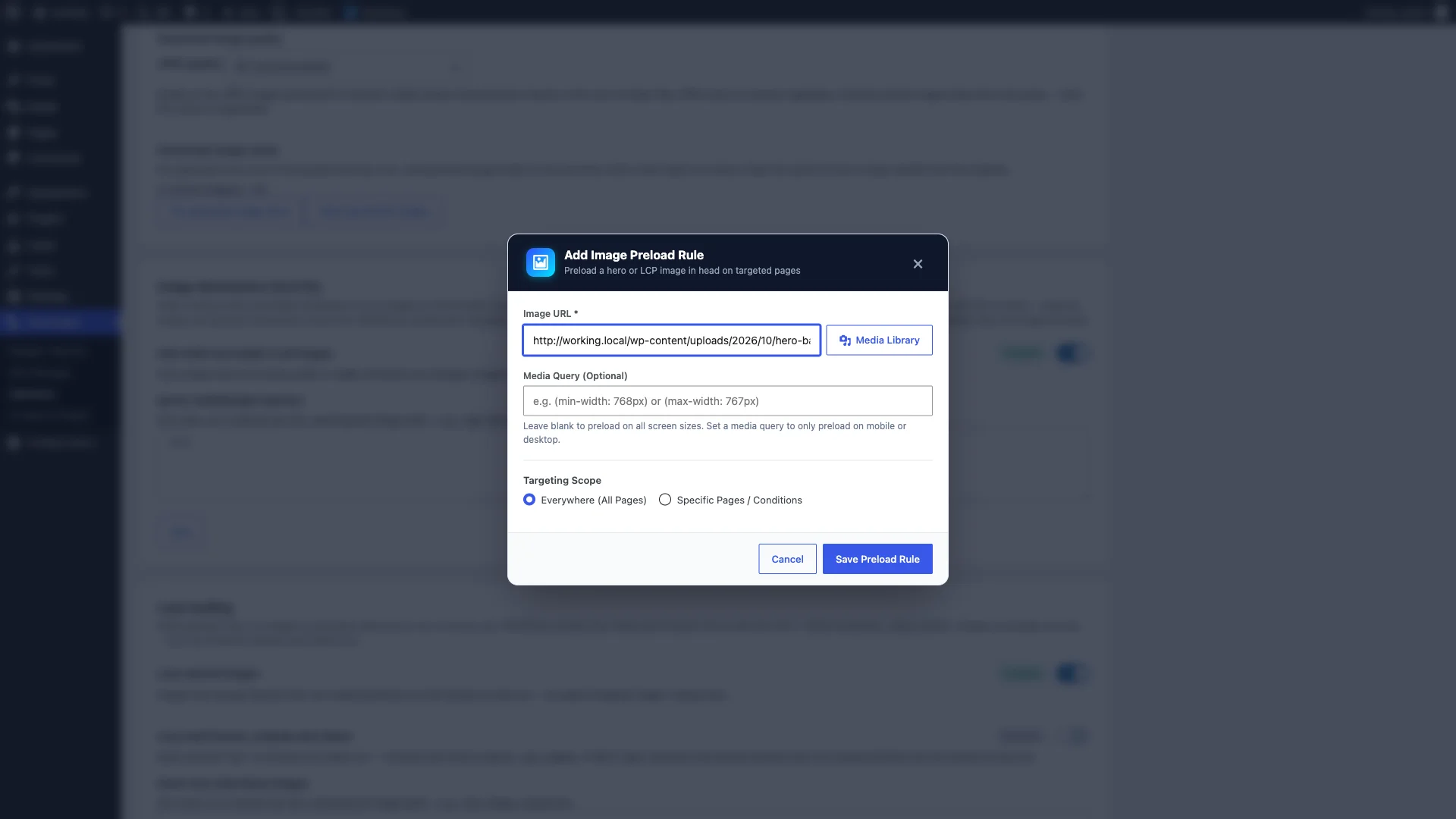 Lazy loading options and Hero LCP Image Preload rule modal
