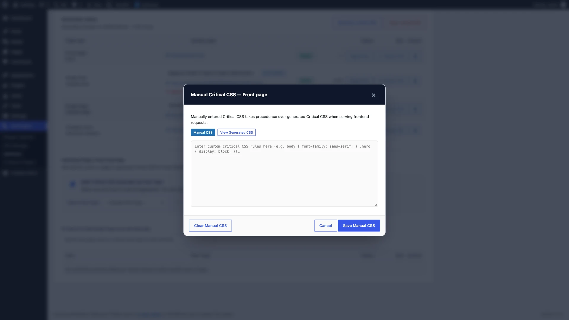 Manual Critical CSS code editor modal in SOptimizer