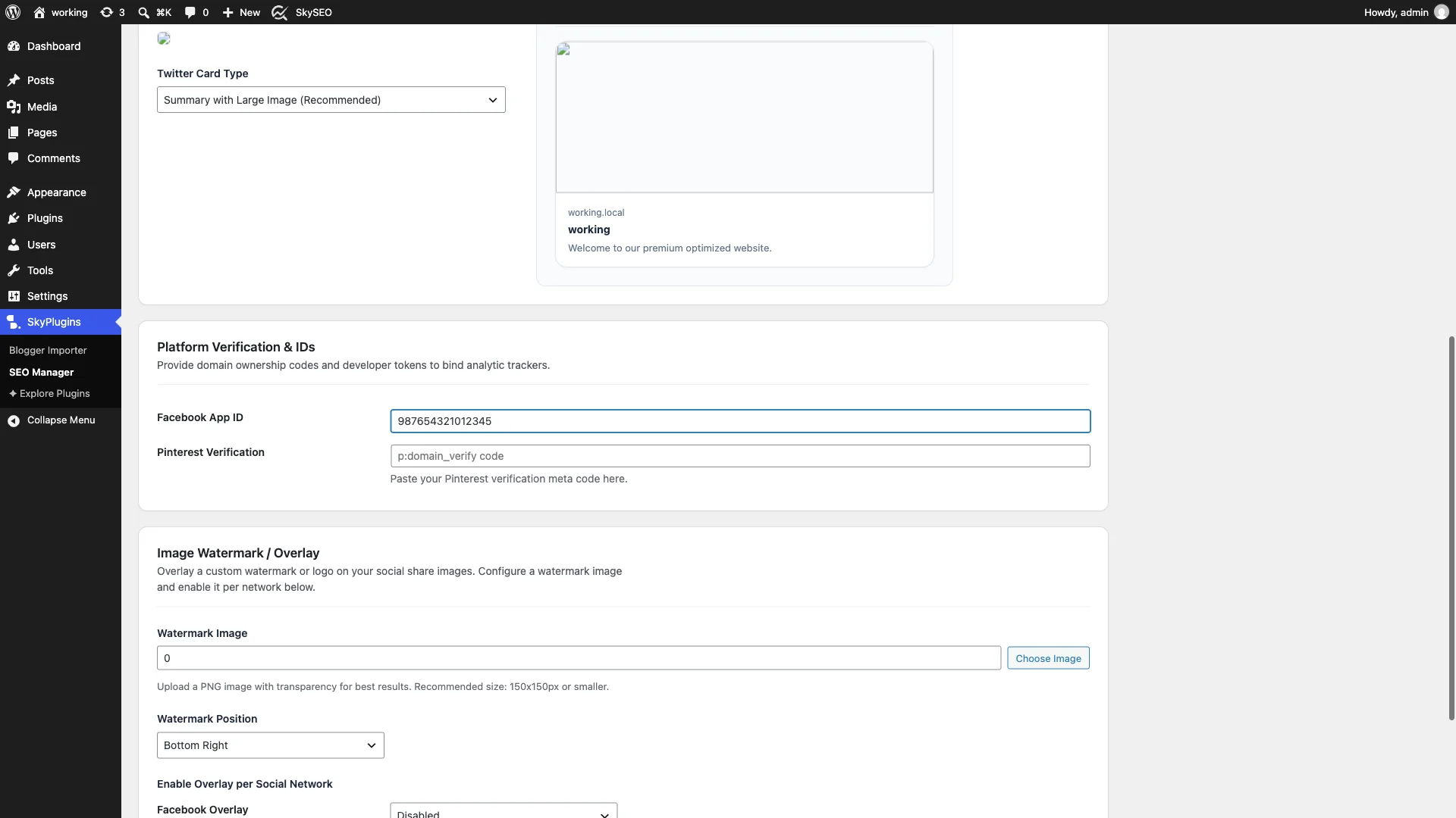 Configuring platform verification IDs and social watermark overlay in Sky SEO Manager